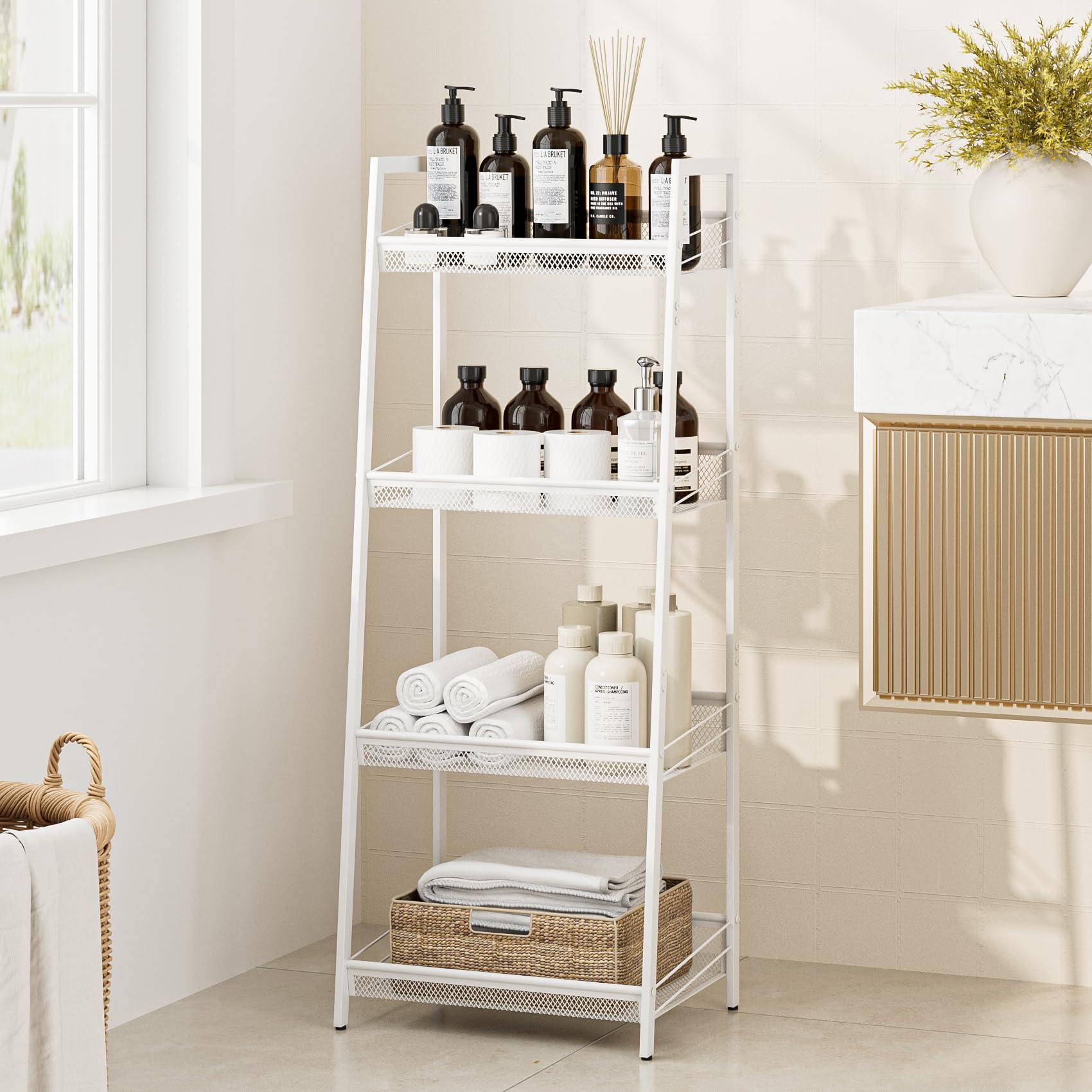 Apetaccat 4 Tier Bathroom Ladder Shelf, Metal Bathroom Storage, White