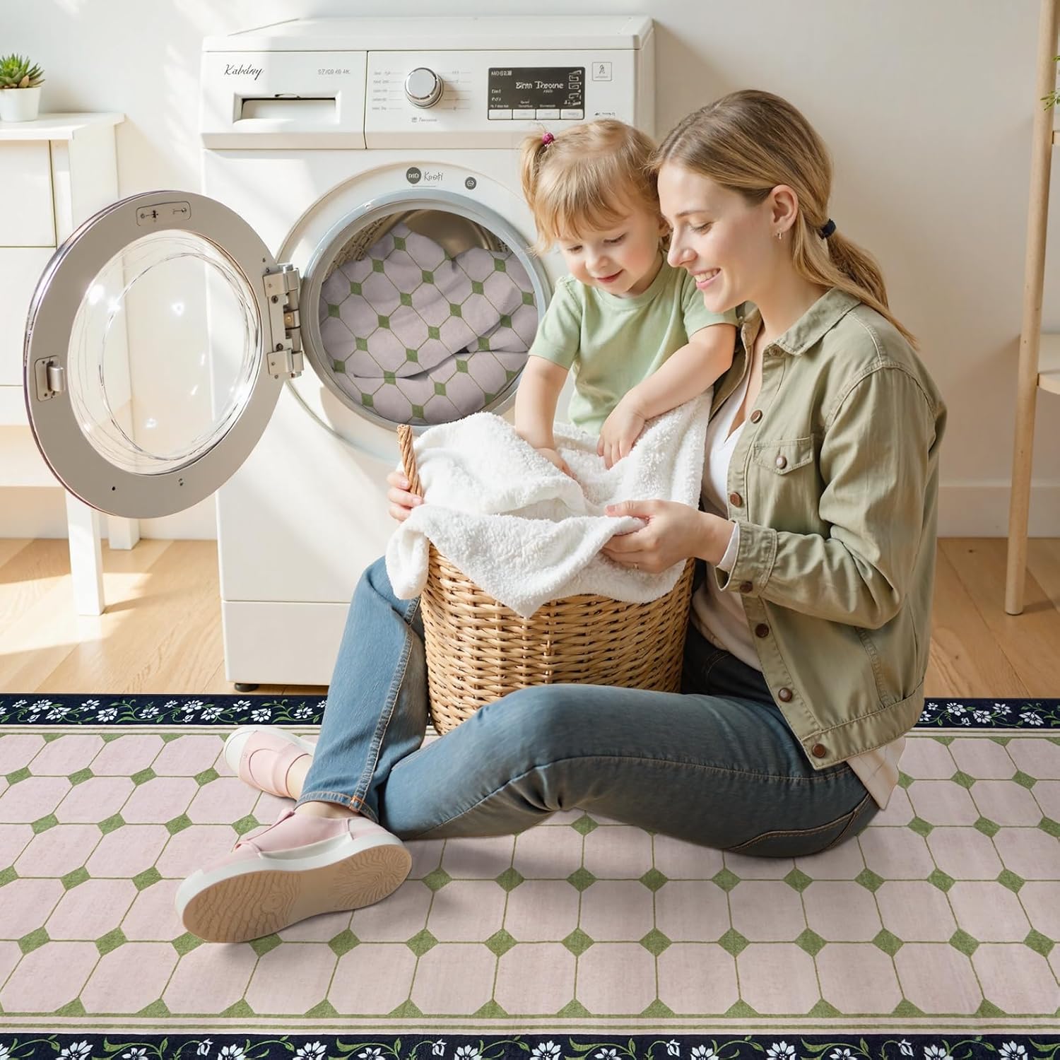 Anidaroel 3x10 Hallway Runner Rug Non-Slip Washable Kitchen Runner with Rubber Backing, Low Pile Ultra Thin Floral Floor Carpet Soft Stain Resistant Carpet Runner for Laundry Room Farmhouse, Green