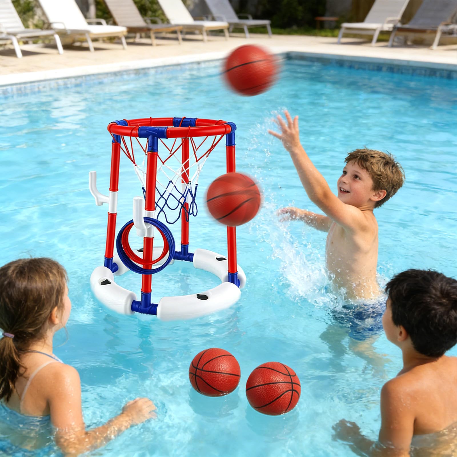 Canestro da Basket per Piscina Galleggiante Set con 4 Palline Gonfiabili e 12 Anelli da Lancio, Giochi Piscina Bambini, Struttura Stabile e Sicura, Gioco Acqua Estate per Famiglie, Ragazzi e Adulti