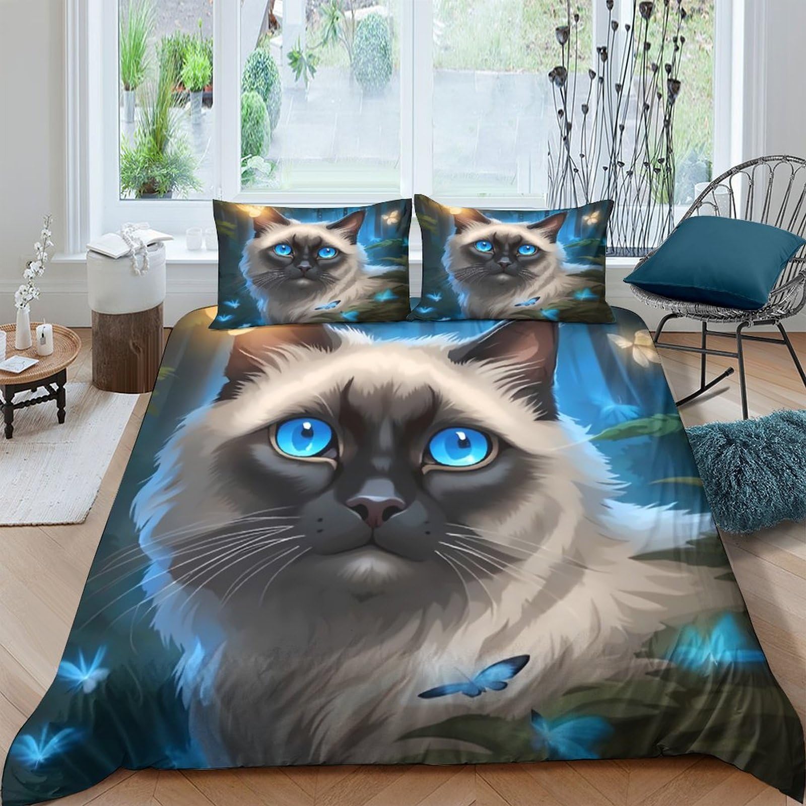Ctjqhvkz Style-4 3D Printed Blue Eyed Cat Fitted Sheet Microfiber Soft Anti-Slip Mattress Cover Bedroom Decor Gift For Home Dorm Single（135X200cm）