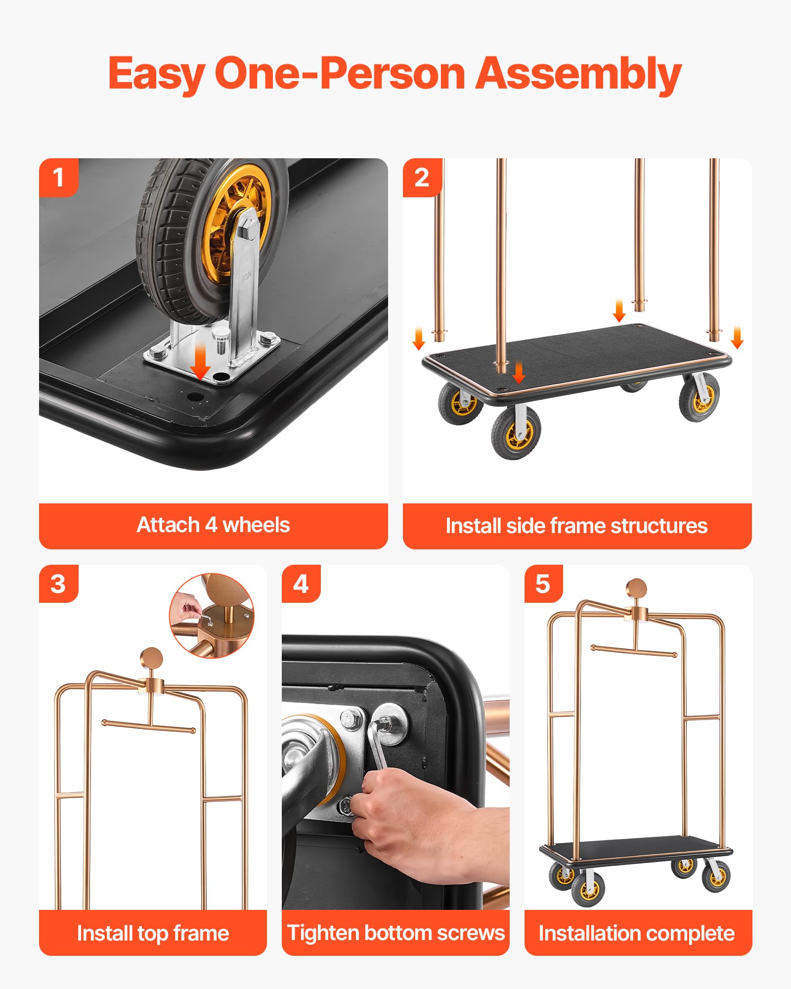 VEVOR Carrello Portabagagli per Hotel, Portata Max 544,31 kg, Carrello Bagagli Hotel con Telaio in Acciaio Inox, Ruote in Gomma da 203 mm, Pianale Rivestito in Moquette Nera, per Alberghi e Resort