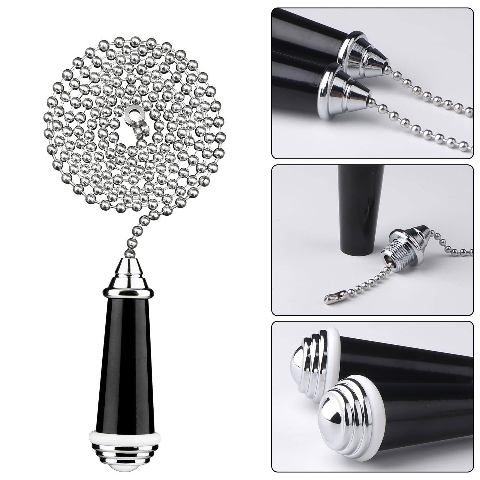 TXErfolg 2Pcs Light Pull Chain Extension with Ball Chain 85cm Length Bathroom Light Pull Cord Handle Chrome Light Switch Pull Chain for Shower/Ceiling/Toilet Light Fan Switch Blinds(Black) - Image 3