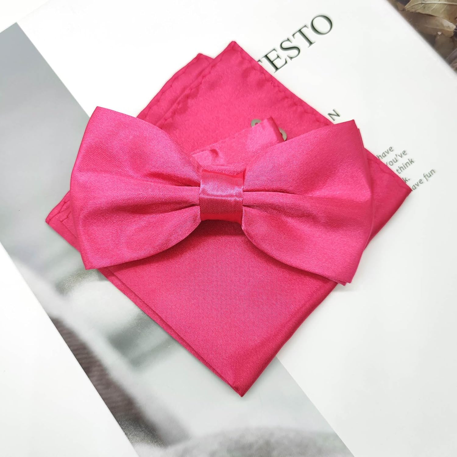 Adjustable Bowtie and Pocket Square Men Bowtie and Handkerchief Solid Color Double Fold Pre-Tied Bow Tie for Wedding Party - Image 2