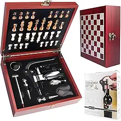 Abridor de vinho 2 em 1 e conjunto de xadrez para amantes de vinho Caixa com tabuleiro de xadrez, peças de xadrez/Abridor de garrafas Kit Abridor Vinho Aço Inoxidável 9 Pçs