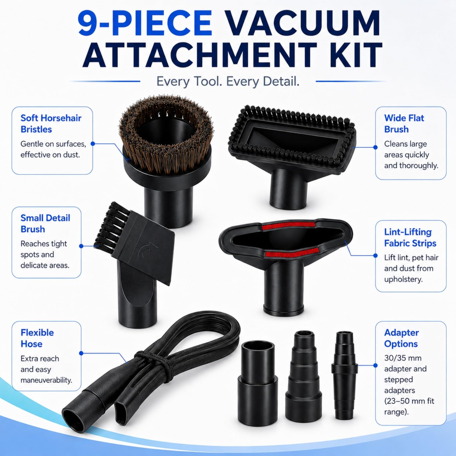 Staubsauger Zubehör Set für Vax C88-W2-P 2014-2023 2024 2025 2026+ | 6/9 Teile Set | Universal Adapter | Fugendüse | Rosshaarbürste | Für Auto Sofa Tierhaare | Für Viele Staubsauger Aufsätze