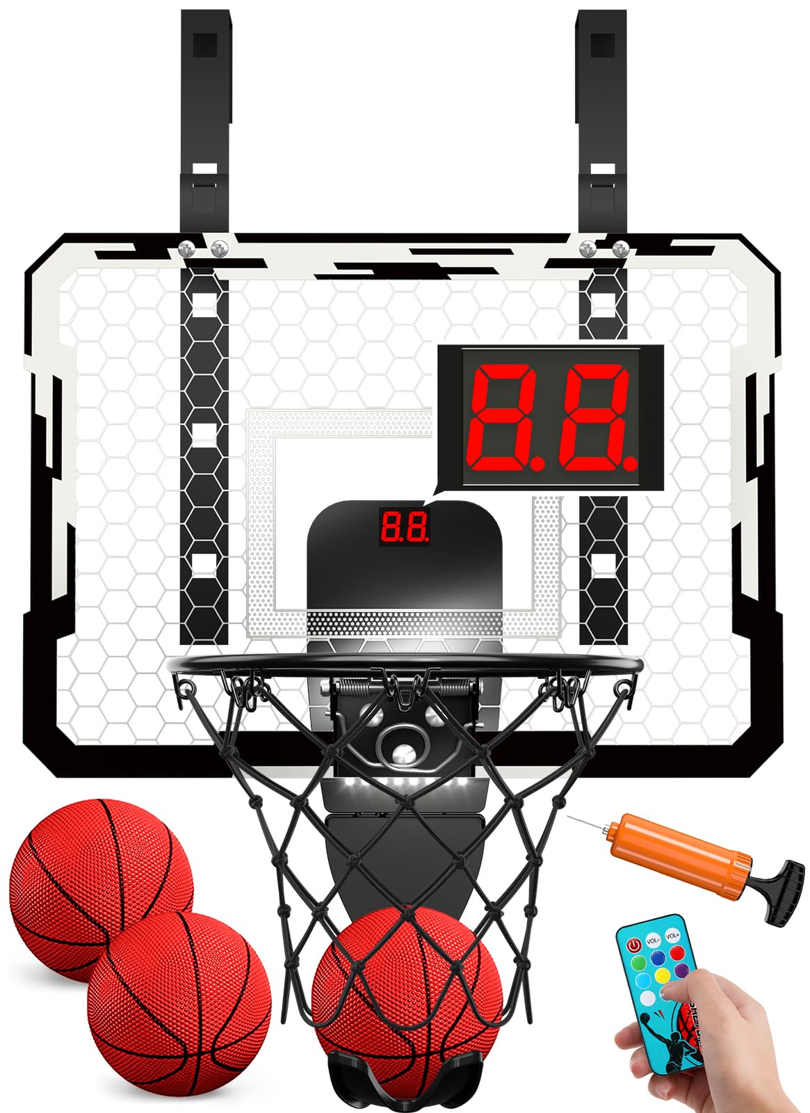 qdragon mini basketball hoop, over the door indoor, with 3 balls/inflator/breakaway rim, basketball toy gifts for kids and adults, suit for bedroom/office/outdoor, white with scoreboard & 7 light