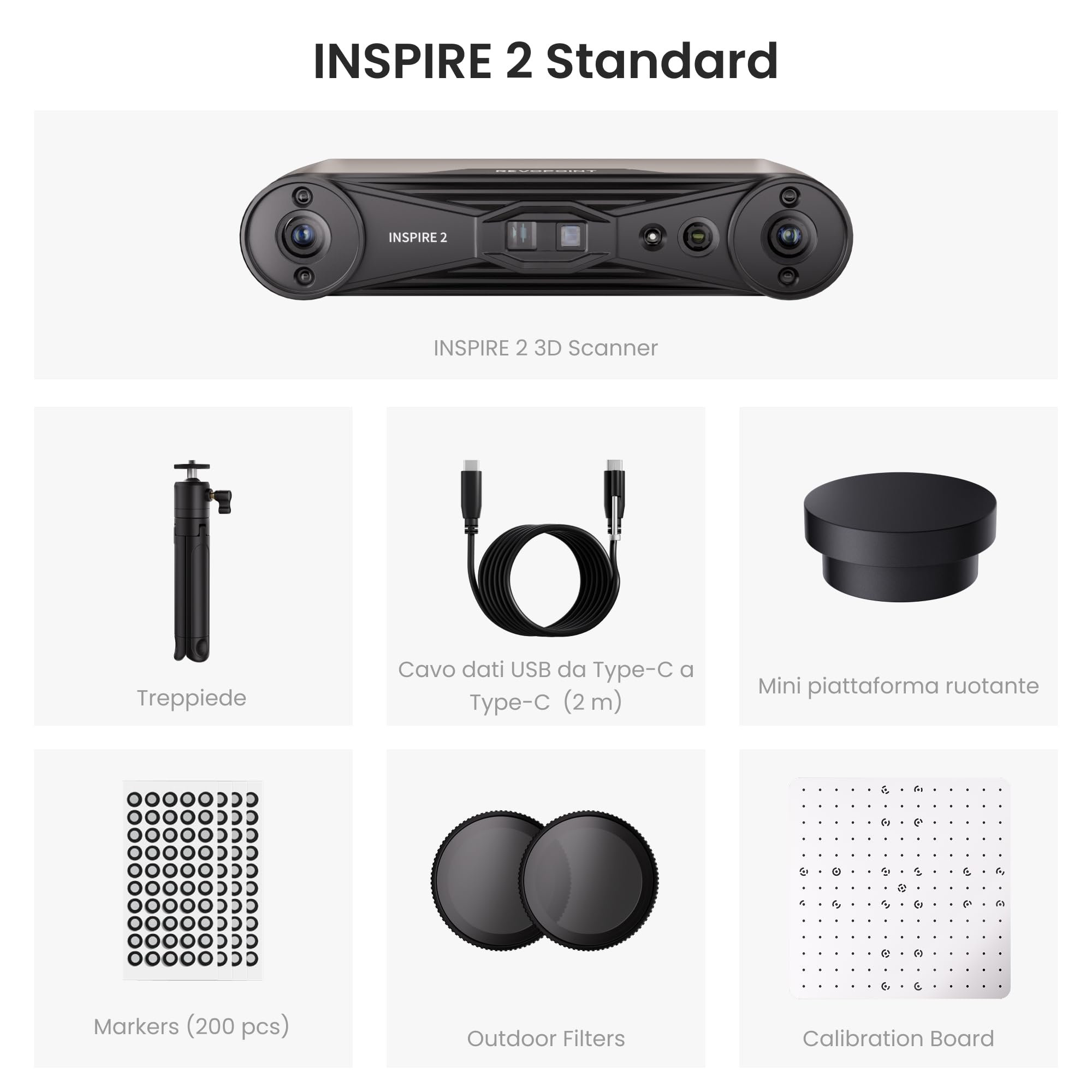Revopoint INSPIRE 2 Scanner 3D per stampa 3D, Precisione da 0,03 mm, Laser Multilinea e Luce Strutturata, Scansione Wireless per Esterni, Scansioni a Colori, per iOS/Android/Win10/11, Standard