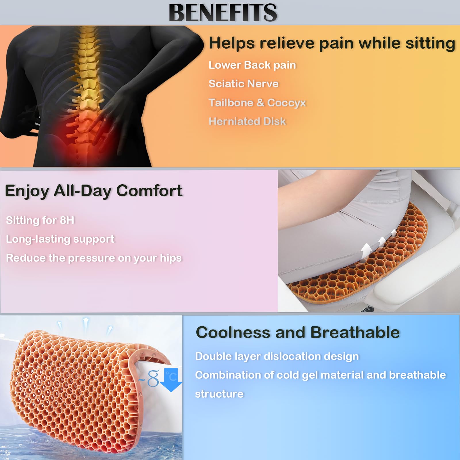Found Notice Car Seat Cushion, Ergonomic Design Gel Seat Cushion, Breathable Cool Suitable as Office Chair Cushion, Sciatica & Back Pain Relief, Comfort for Car Driver (Orange)