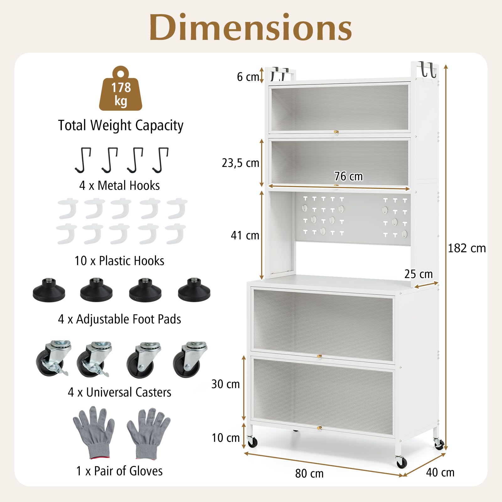 GIANTEX Mobile da Cucina Alto a 6 Livelli, Credenza Cucina con Ruote, 10 Ganci, Ante Pieghevole, Pannello Perforato, Mobile Vetrina in Acciaio, per Soggiorno, Sala da Pranzo
