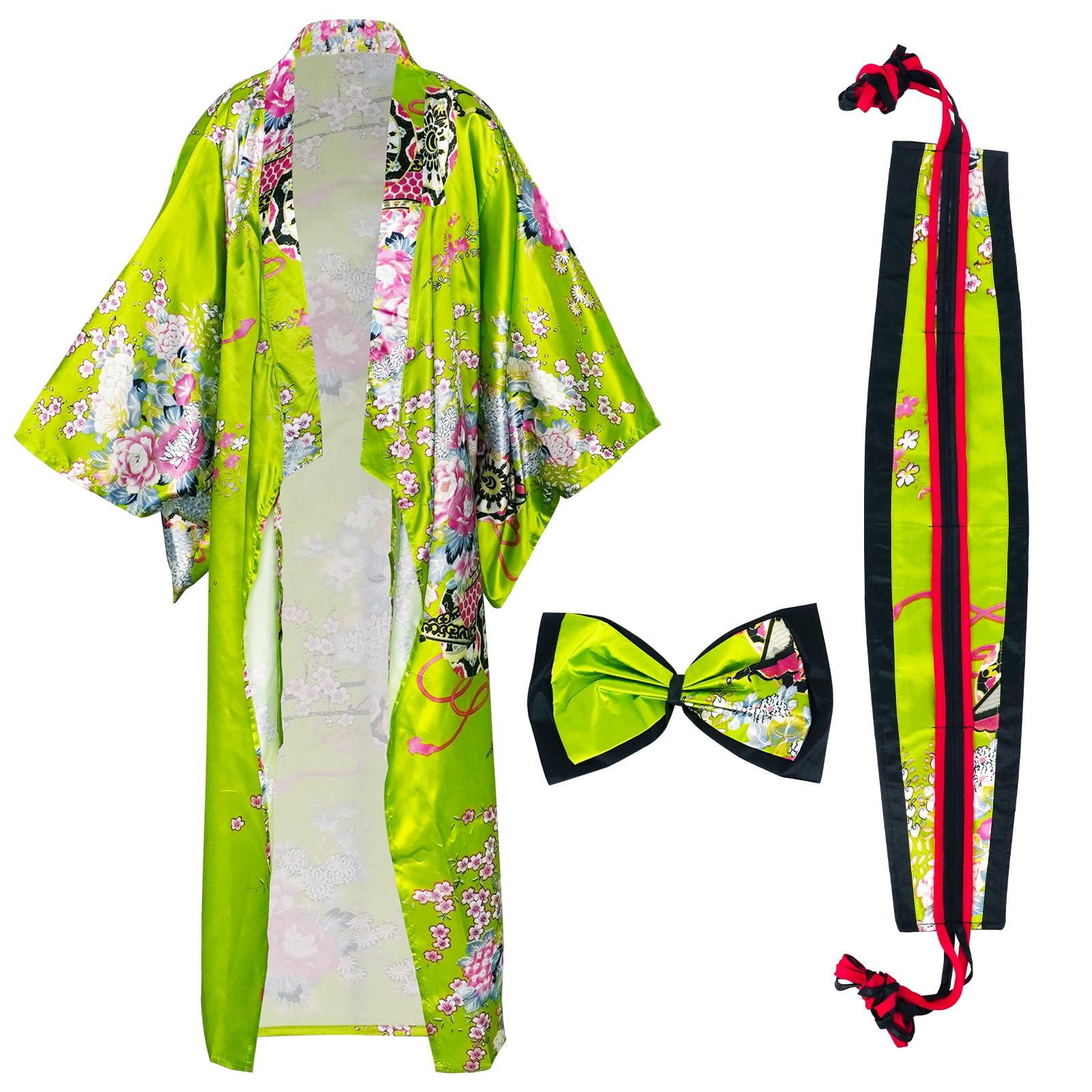 5 Pièces Kimono Japonais Femme, Tenue de Yukata Style Set avec Éventail, Maske, Cheveux, Carnaval Costume, pour Fête ou Spectacle