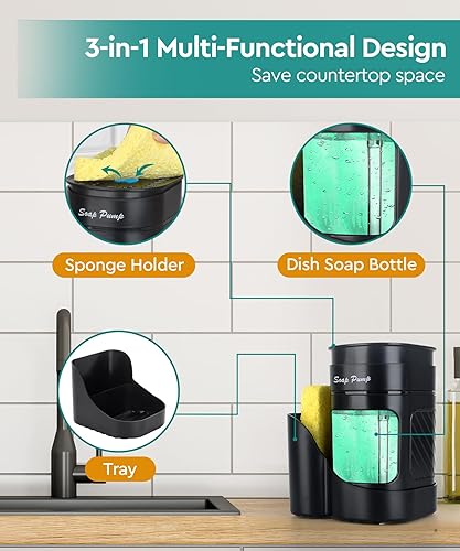 Miniatura 2 de Dispensador de jabón para platos 3 en 1 con soporte de esponja para fregadero de cocina (incluye una esponja), juego de dispensador de jabón de