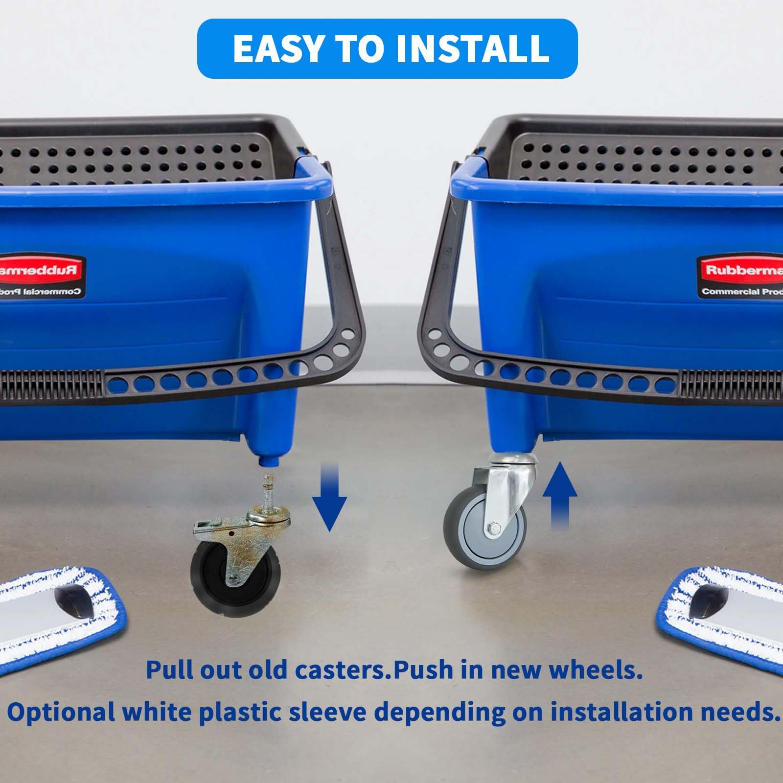Ruote con perno da 3 pollici (7/16 di pollice) di diametro, ruote girevoli in TPR resistenti, set da 4 per secchio per mocio Rubbermaid, carrello, sgabello, barbecue, aspirapolvere da officina.