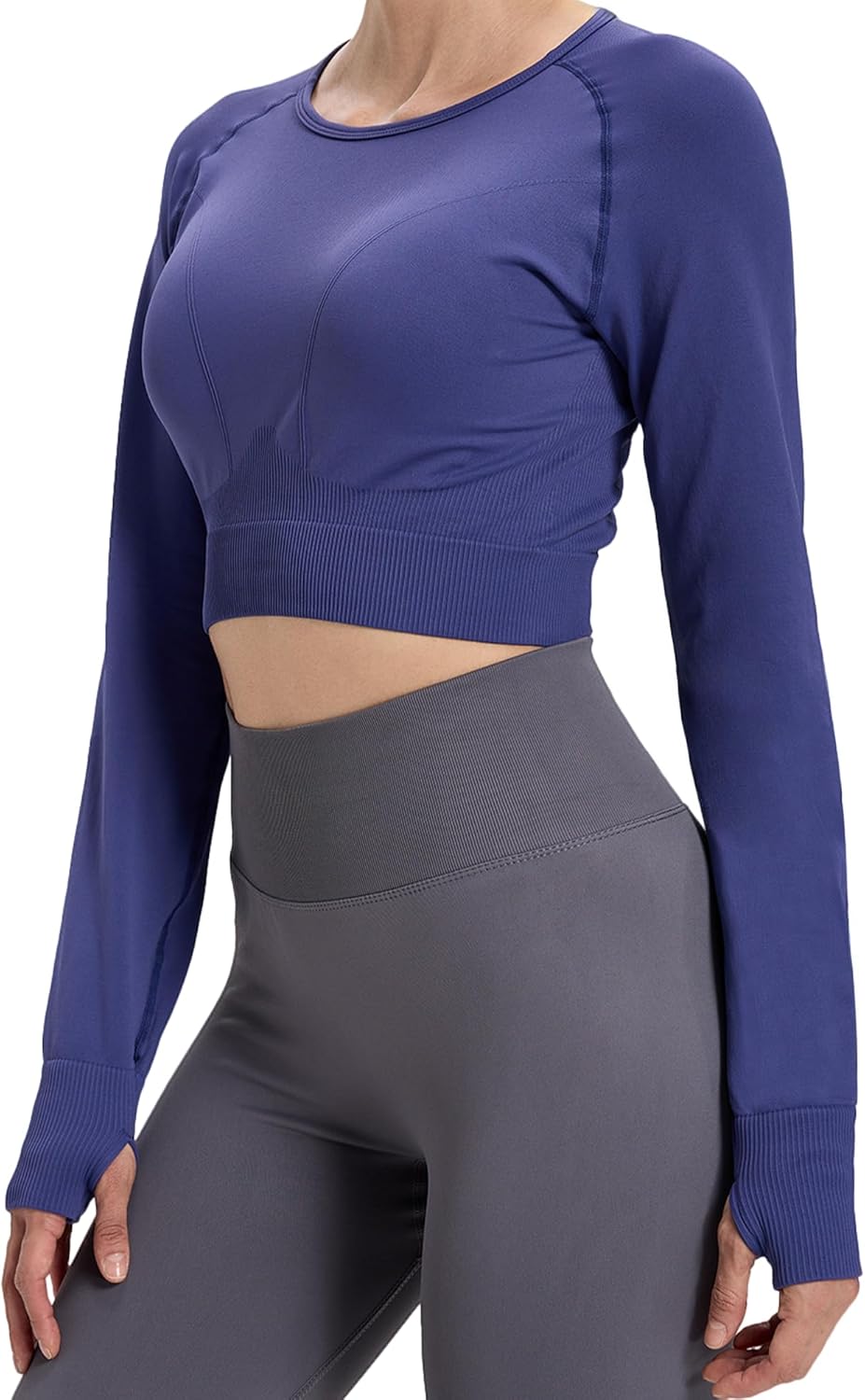 Girls Workout Shirts Women Threaded Belly-Controlled Slim Athletic Tee Long Sleeved Crop Yoga Gym Top