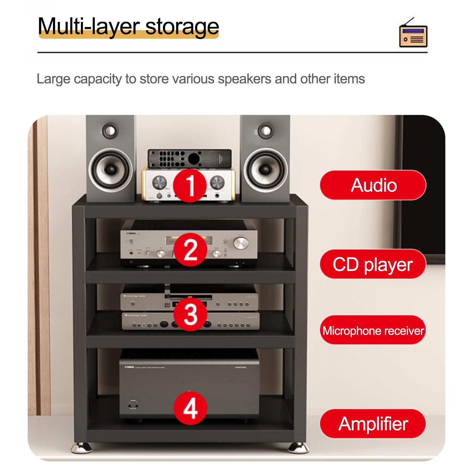 Meuble HiFi Support Acier Rangement Ouvert 35.5cm Noir pour Audio Vidéo DVD Console Jeu Amplificateur