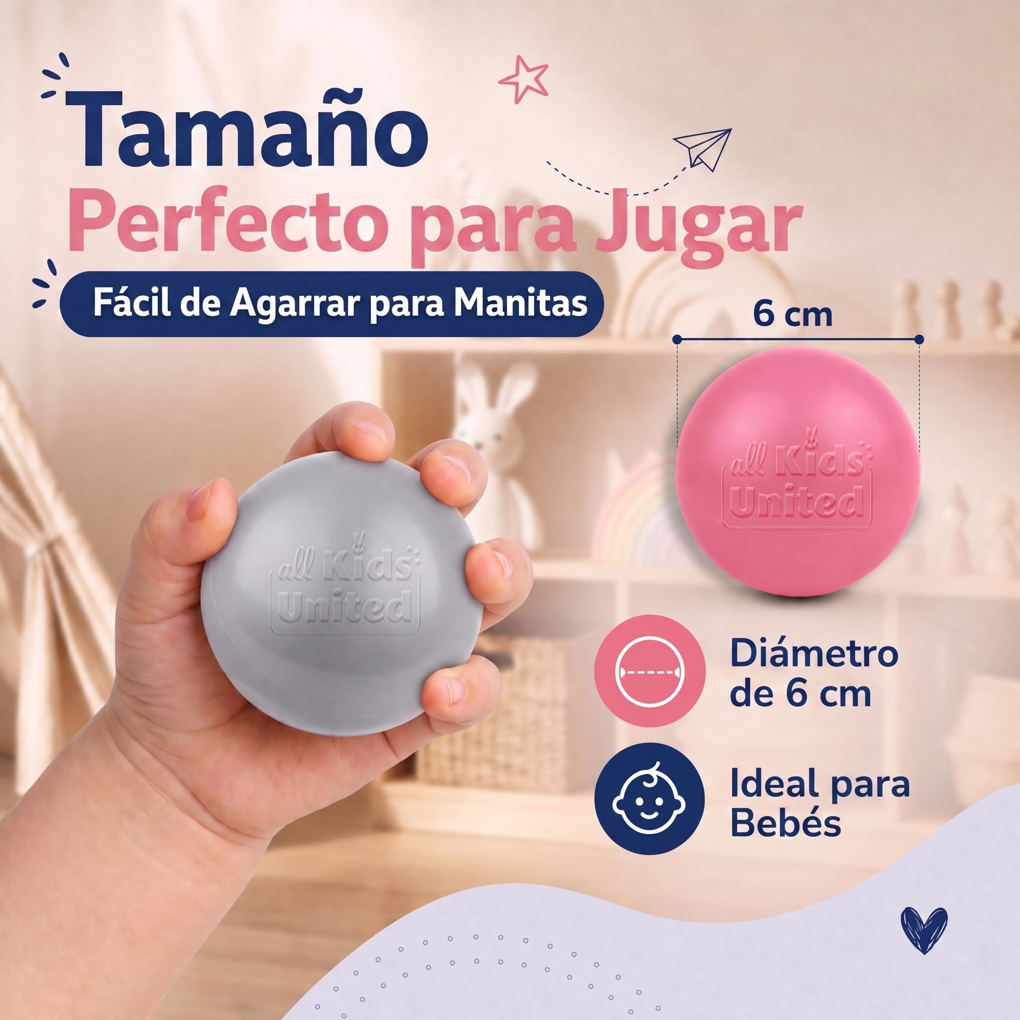 all Kids United Bolas para piscina de bolas, 100 unidades, coloridas pelotas de piscina para niños, diámetro de 6 cm, bolas de plástico resistente para piscinas infantiles, castillo hinchable y tienda