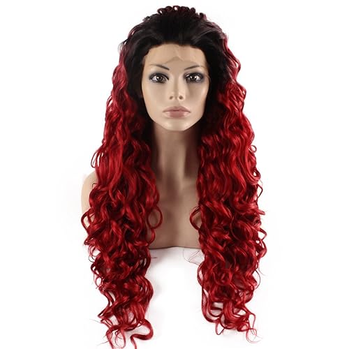 Mxangel - Peluca larga y rizada resistente al calor con encaje frontal sintético (rojo raíz oscura)