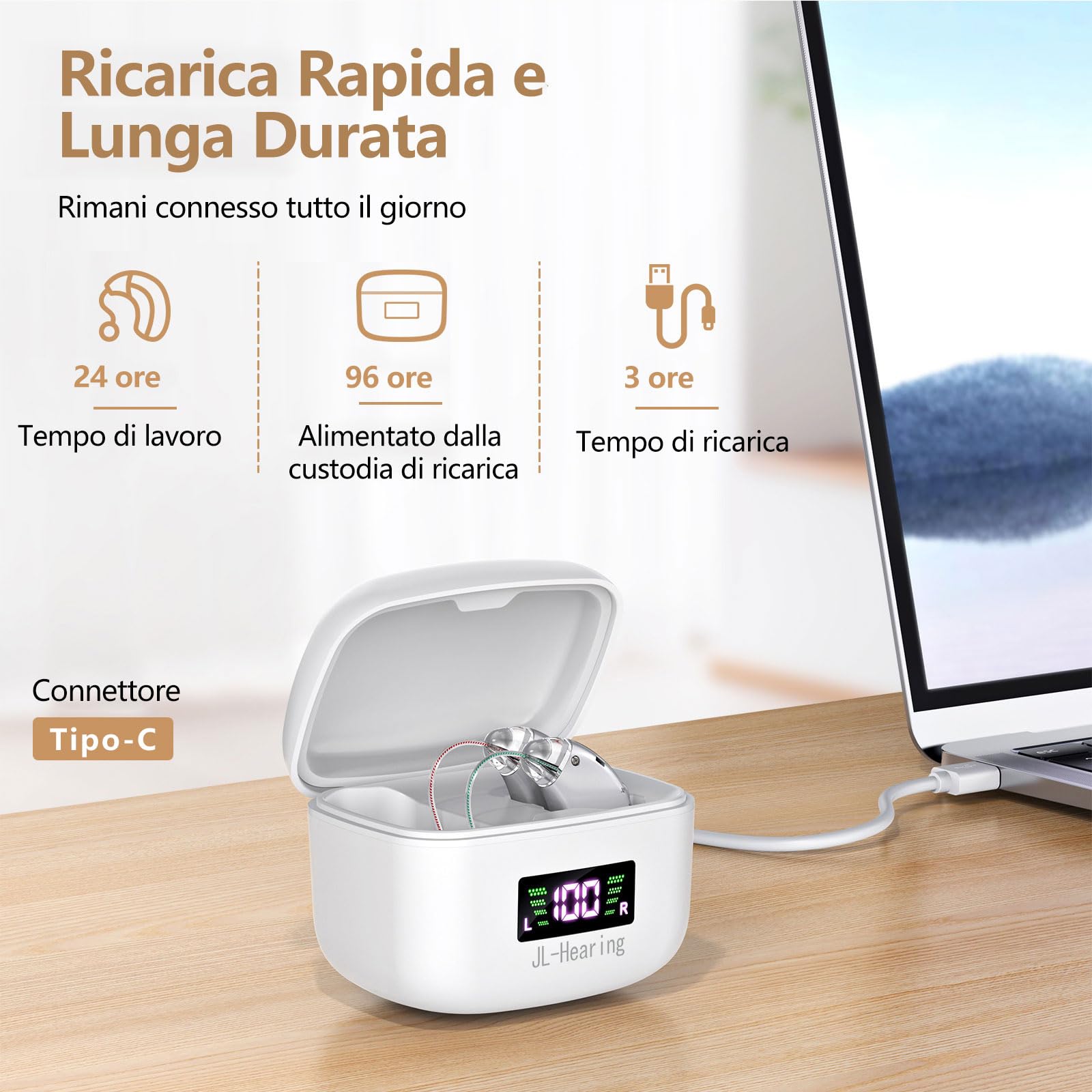 Dispositivo ricaricabile, argento, doppio auricolare, visualizza il livello di carica residua della batteria