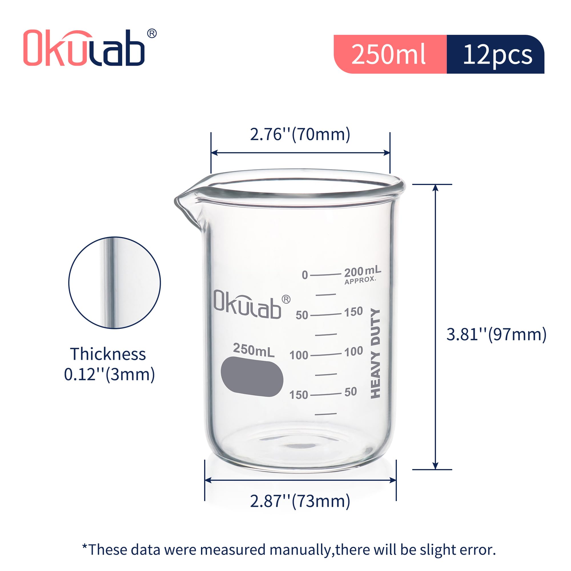 Vasos de precipitados de cristal, resistentes, con graduación impresa a doble escala. 12 piezas de vol.250 ml, HBKG250C12