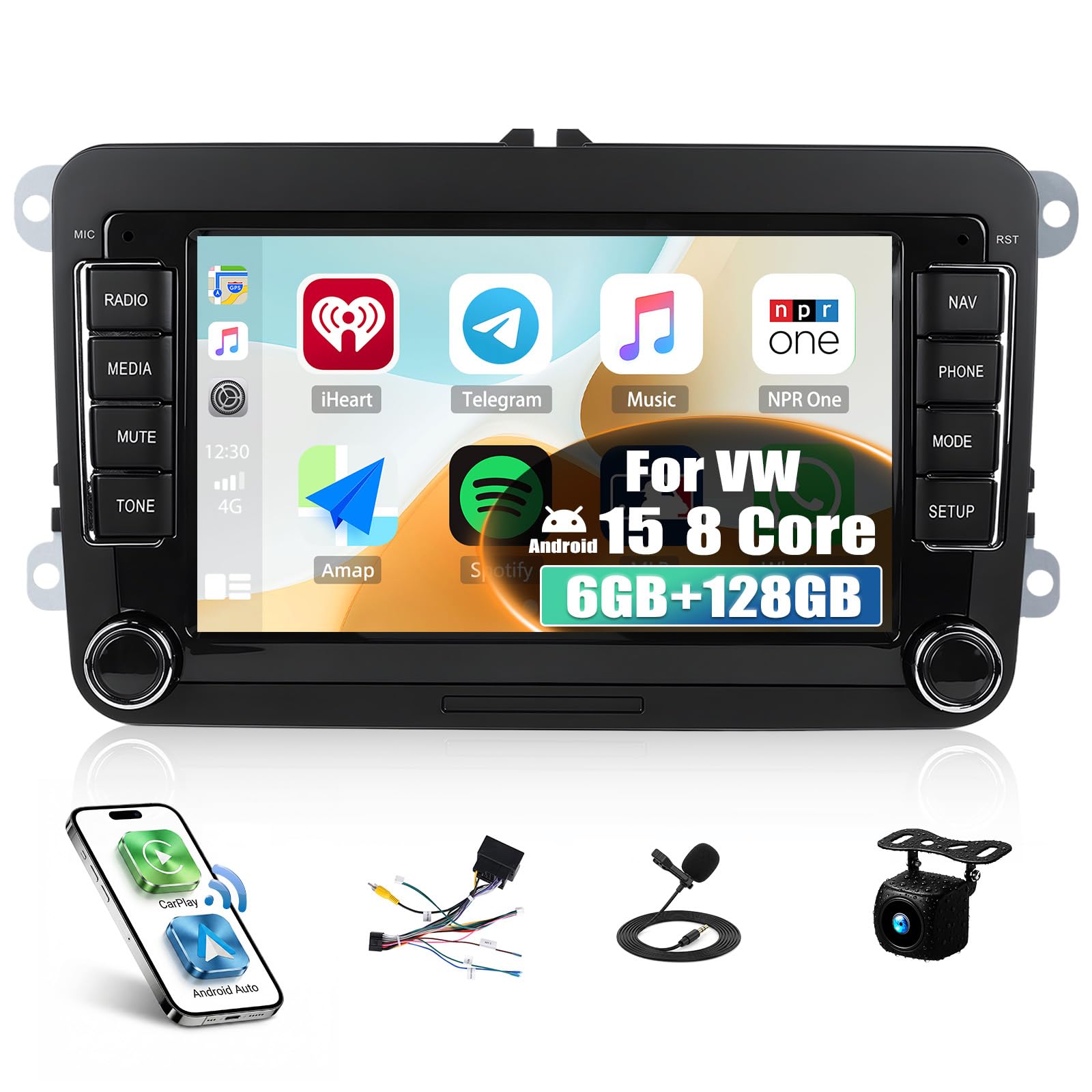 Android 15, 6G+128G 8Core GOHHDL Autoradio 2Din Navi für VW Golf 5 6 Polo Touran, 7 Zoll Auto Bildschirm Touch Radio mit GPS Navi WiFi Bluetooth FM/RDS Radio EQ SWC Rückfahrkamera&MIC
