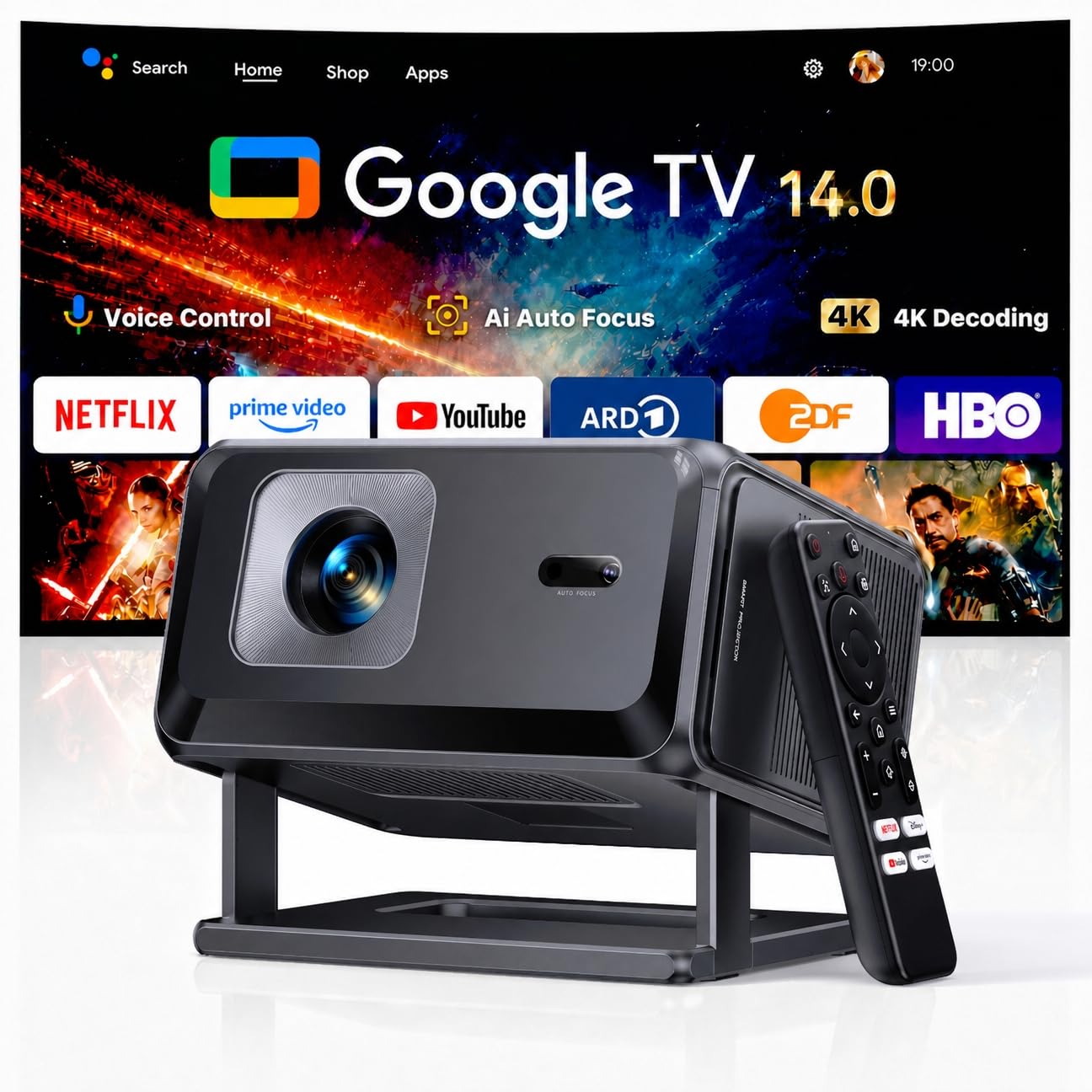 Smart Beamer [Google TV 14.0 & Dolby Audio] 1080P FHD Tragbarer Projektor | Beamer 4K Unterstützt, Autofokus & Trapezkorrektur, WiFi 6 BT 5.3, Projector mit Drehständer für Heimkino/Outdoor/Handy
