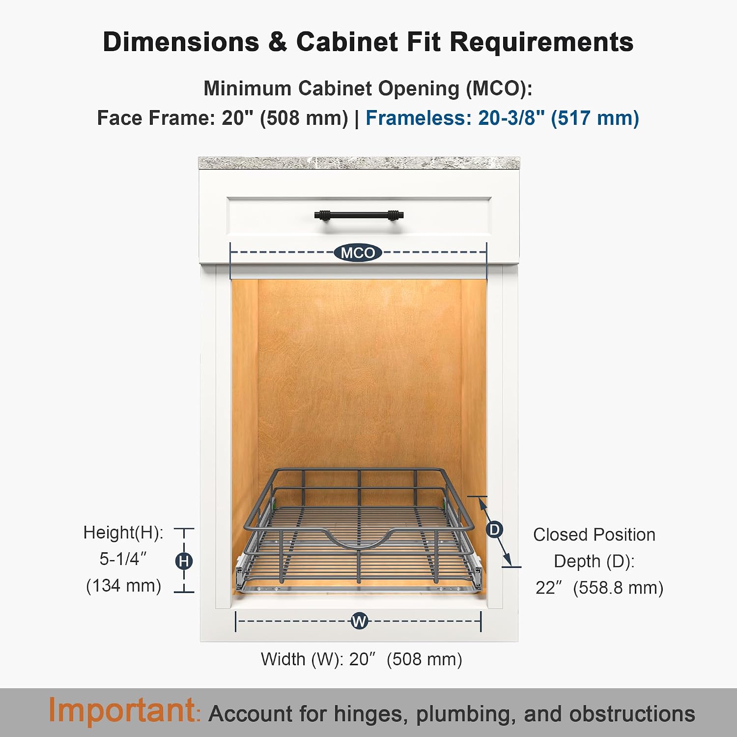 Pull Out Shelves - 20" W x 22" D Soft Close Pull Out Cabinet Organizer 1 Tier - Sliding Shelves with Shelf Liner - Heavy Duty Steel Wire Drawers for Kitchen Cabinets, Pantry, Bathroom image 2
