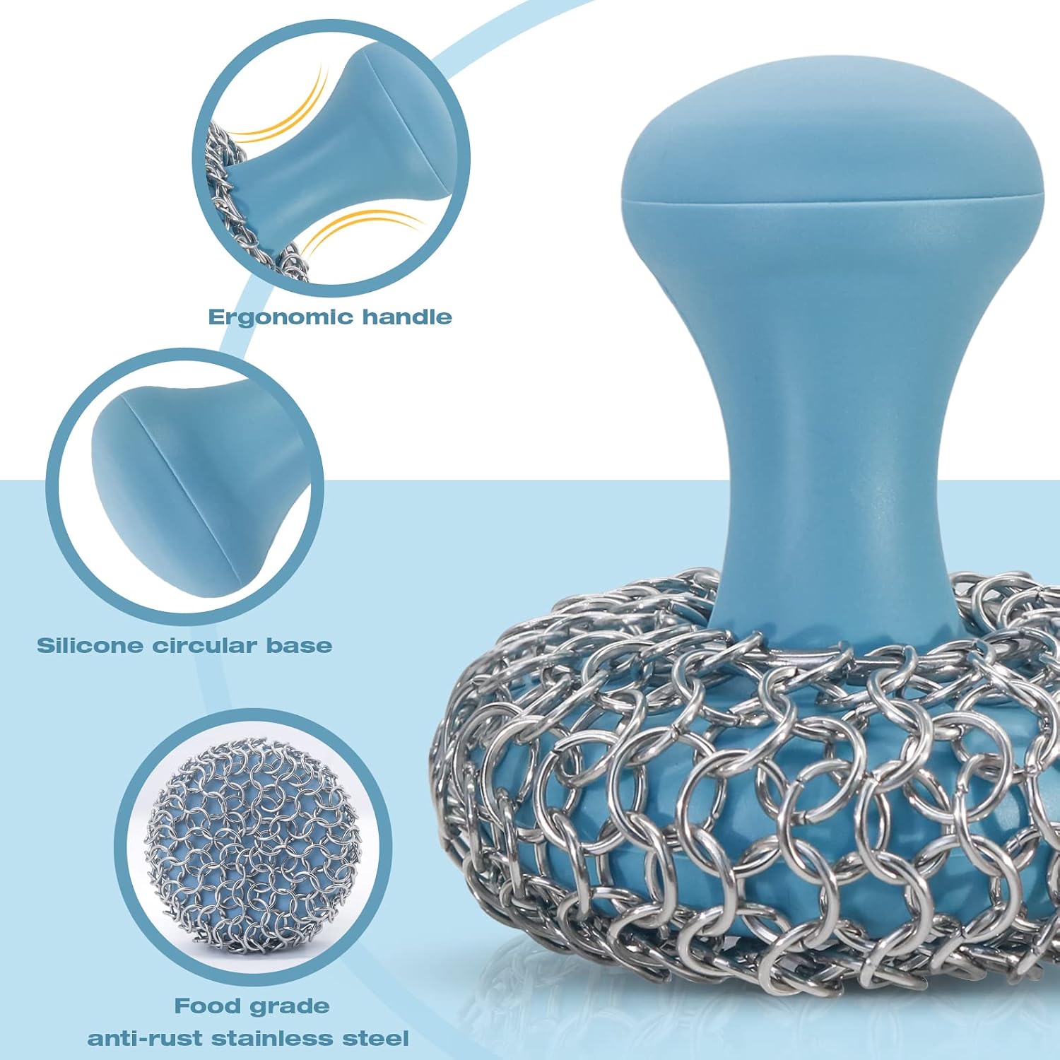 Cast Iron Scrubber | Dish Scrub Brush | 316 Cast Iron Cleaner Chainmail Scrubber for Cast Iron Pan Skillet Cleaner - Dish Scouring Pad Dishwasher Safe Cleaning Kit (Blue, 1 Scrubber + 1 Scraper)