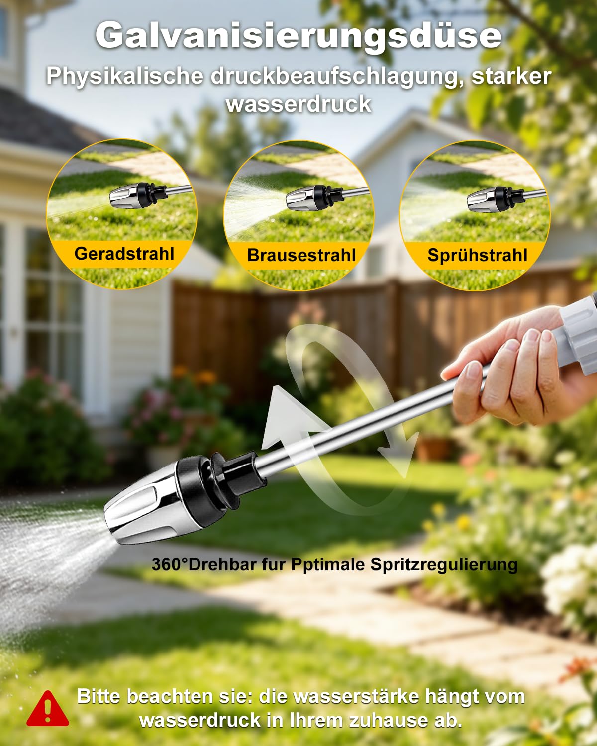Power Jet Gartenschlauch Spritze mit Wasserregler & Arretierung, 3 Strahlarten Gartenbrause, Ergonomische Wasserspritze für Auto, Pflanzen, Terrasse & Reinigung, Rostfrei