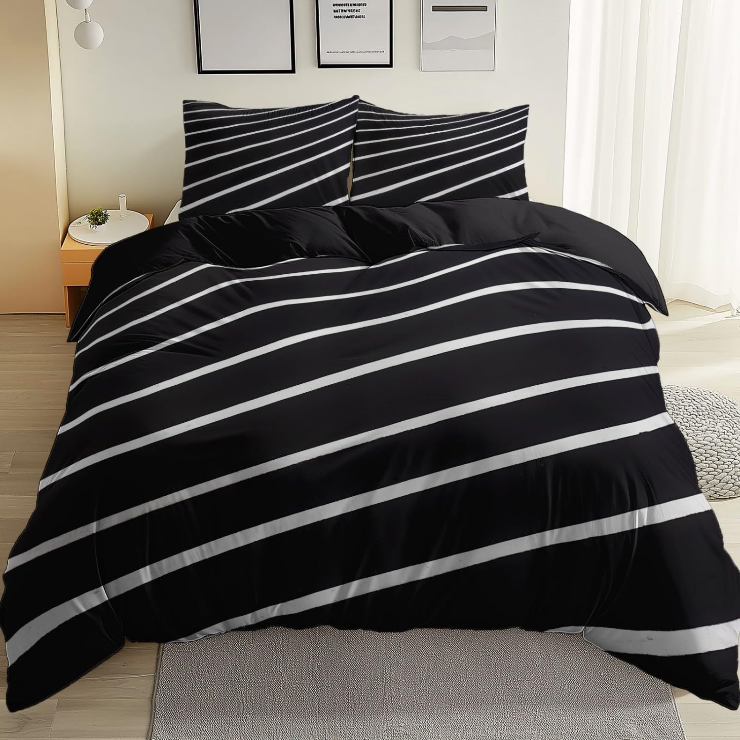 155x220 cm Bettwäsche Schwarz mit Streifen Linien Muster, 3-teiliges Set Mikrofaser Deckenbezug & 2 Kissenbezug 80x80 cm, Hautfreundlich & Warm Minimalismus Bettbezug für Teenager