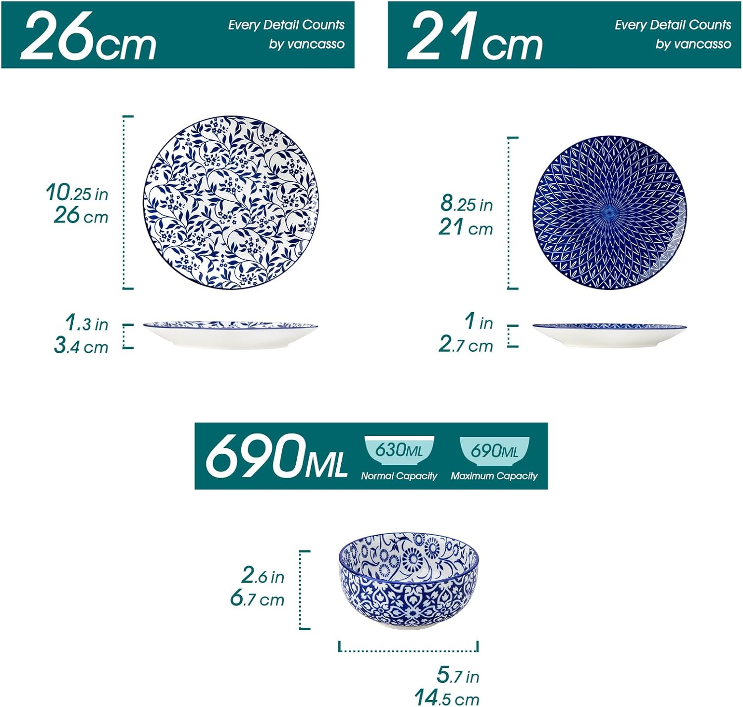 vancasso SELENE Plates and Bowls Set for 6, 18 Pieces Dinnerware Sets, Mircowave and Dishwasher Safe Dishes Set, Porcelain Blue Dinnerware - Image 2