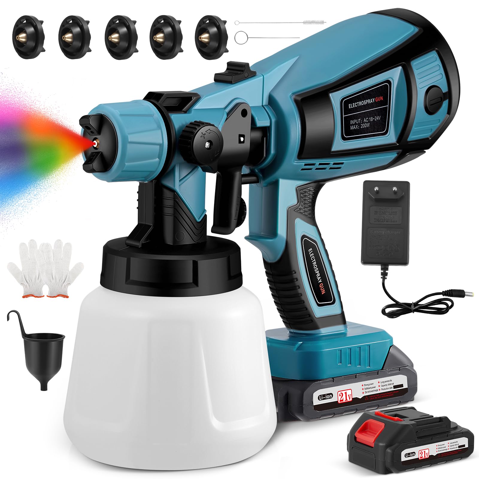 Cordless Paint Sprayer with 21V Battery, Fence Paint Sprayer with 5 Nozzles and 3 Spray Patterns, Handheld HVLP Paint Gun with 2x3000mAh Batteries & Charger for Fence
