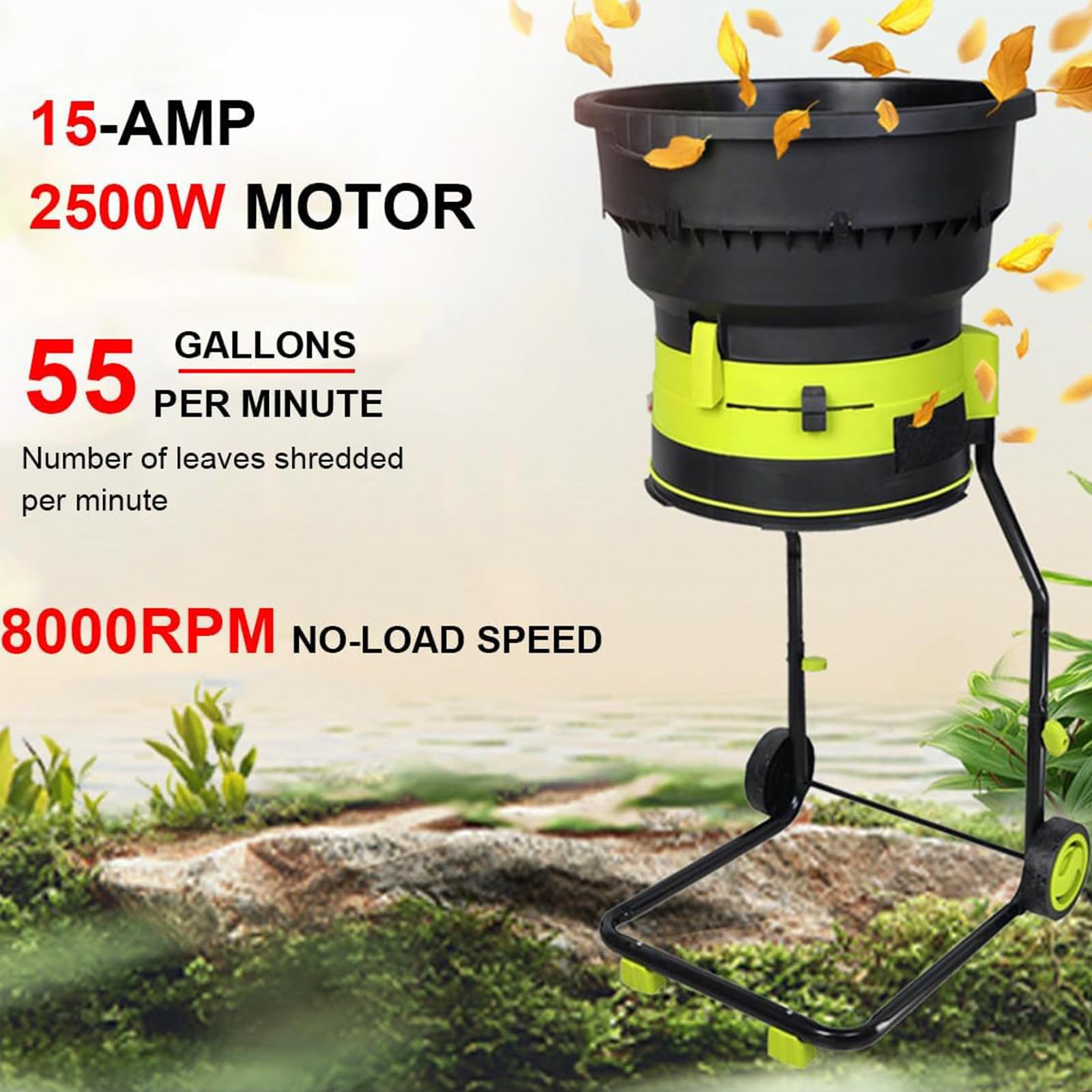 Trituradora eléctrica de hojas, trituradora de jardín de 2500 W con 8000 rpm, diámetro de embudo de 54 cm, rastrillo, bolsa de almacenamiento, ideal para limpieza de patio, cable de