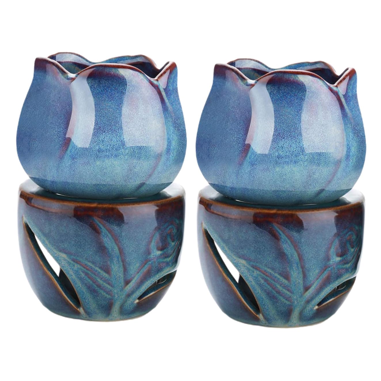 Brûleur d'parfum en porcelaine bleu FOMIYES - 2 porte-bougies chauffe-plat