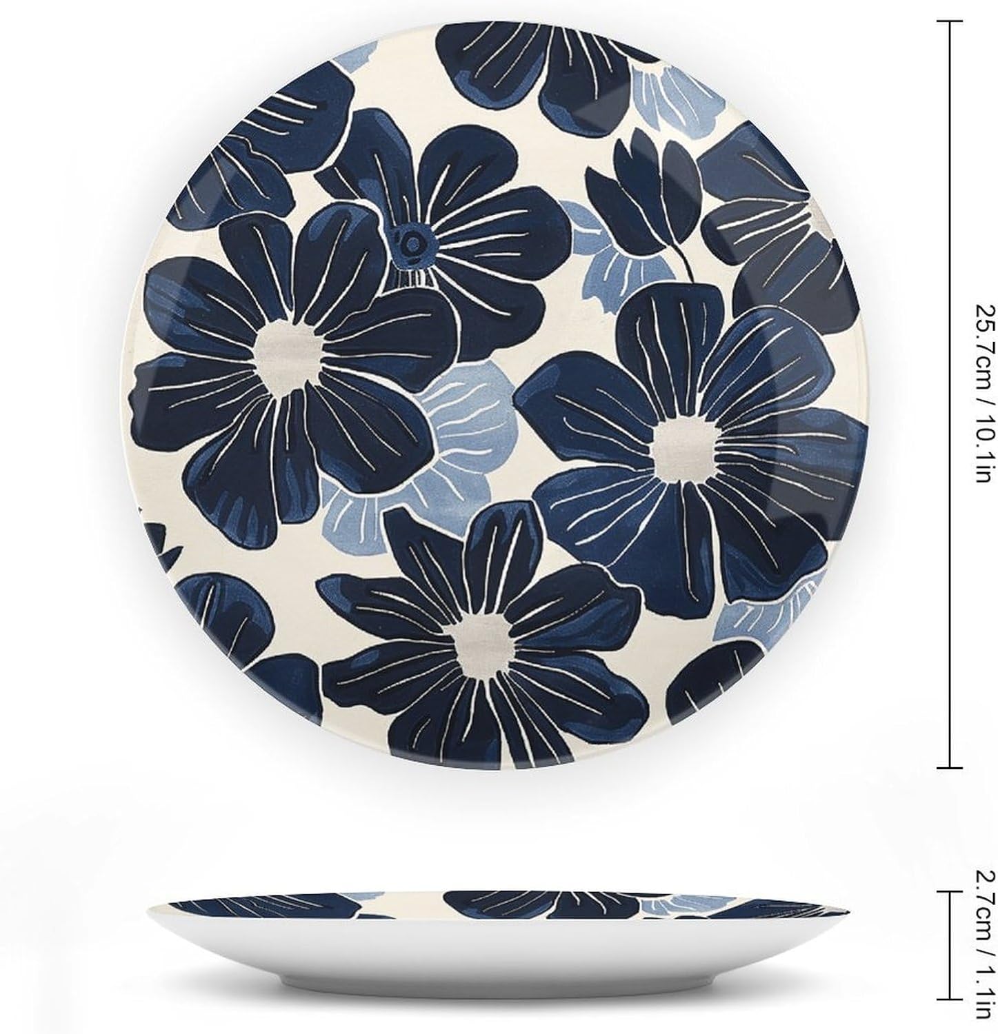 Bone China Decorative Plates Navy Blue Flowers Ceramic Decorative Plate Wall Decor with Display Stand Ceramic Ornaments for Wall Hanging Decoration