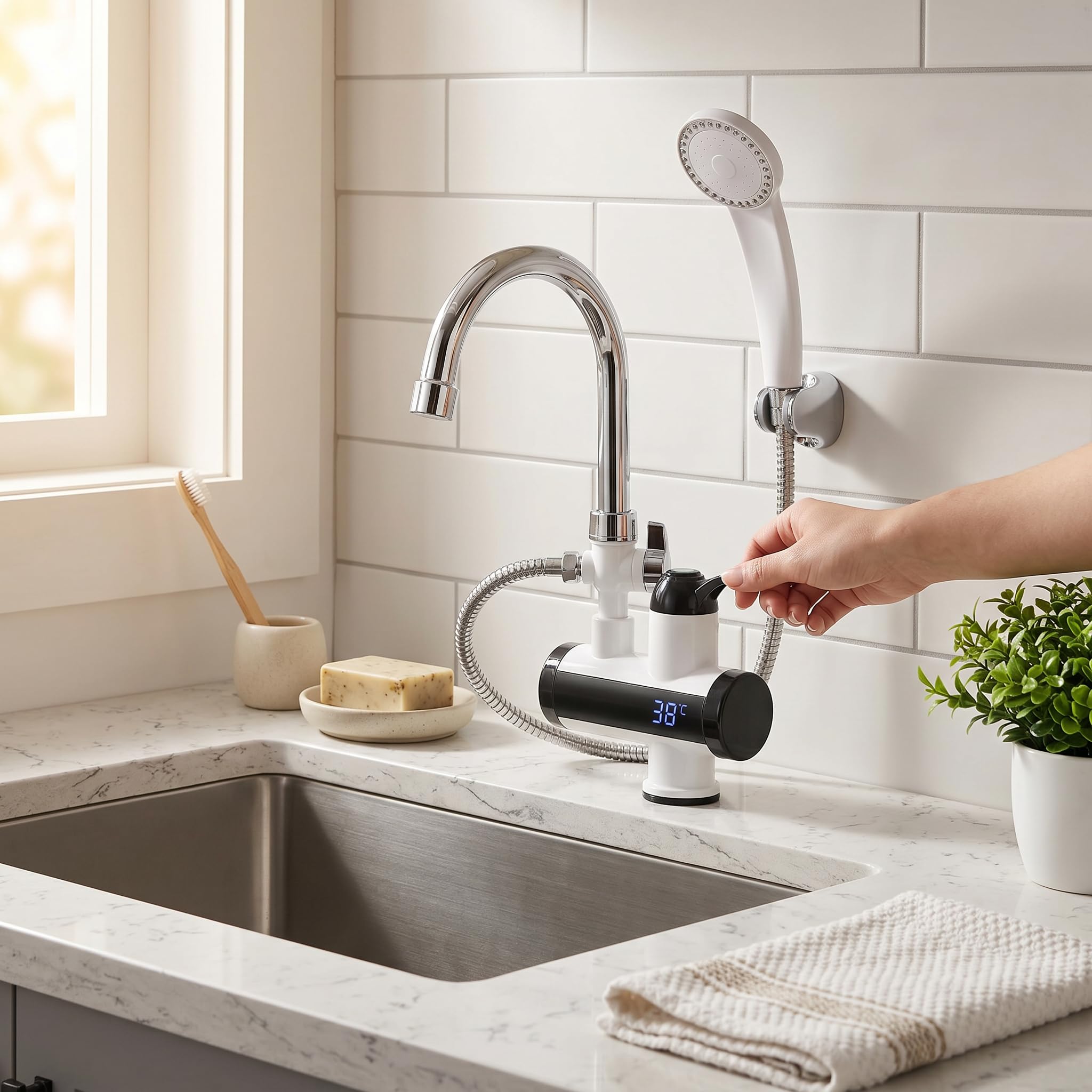 Display della Temperatura del Rubinetto del Riscaldamento 'erogatore Istantaneo di Acqua Calda e Fredda, Rotazione di 360 Gradi con Soffione per Bagno (Spina europea)