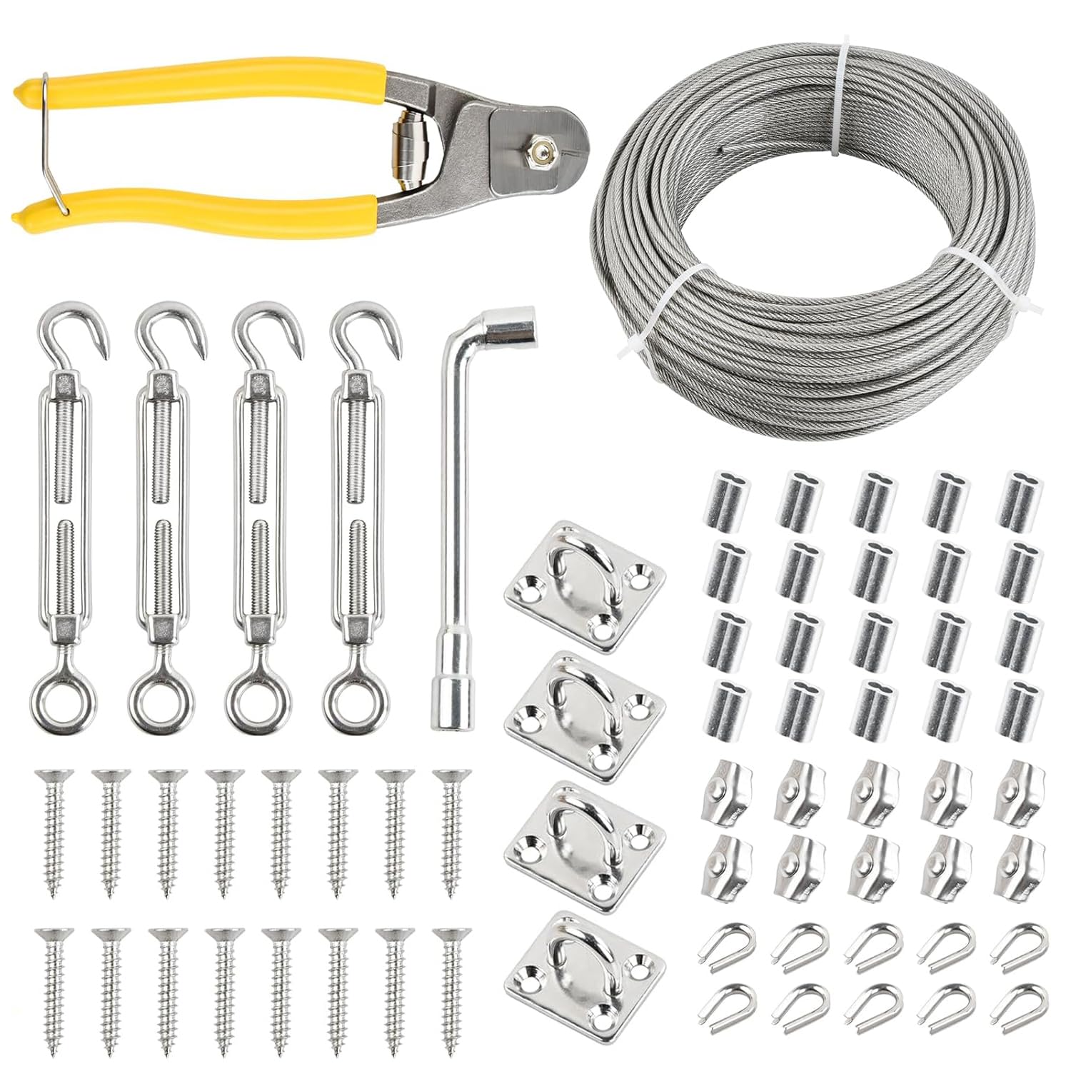 67 Pcs Kit Filo per Stendere il Bucato da Esterno, 50m Tiranti per Filo 3mm, con 20 Anello Aggraffatura, 4 Ganci Quadri, 4 Tenditori, Staffe Stendere i Panni Esterno, Stendibiancheria Acciaio Inox 7x7