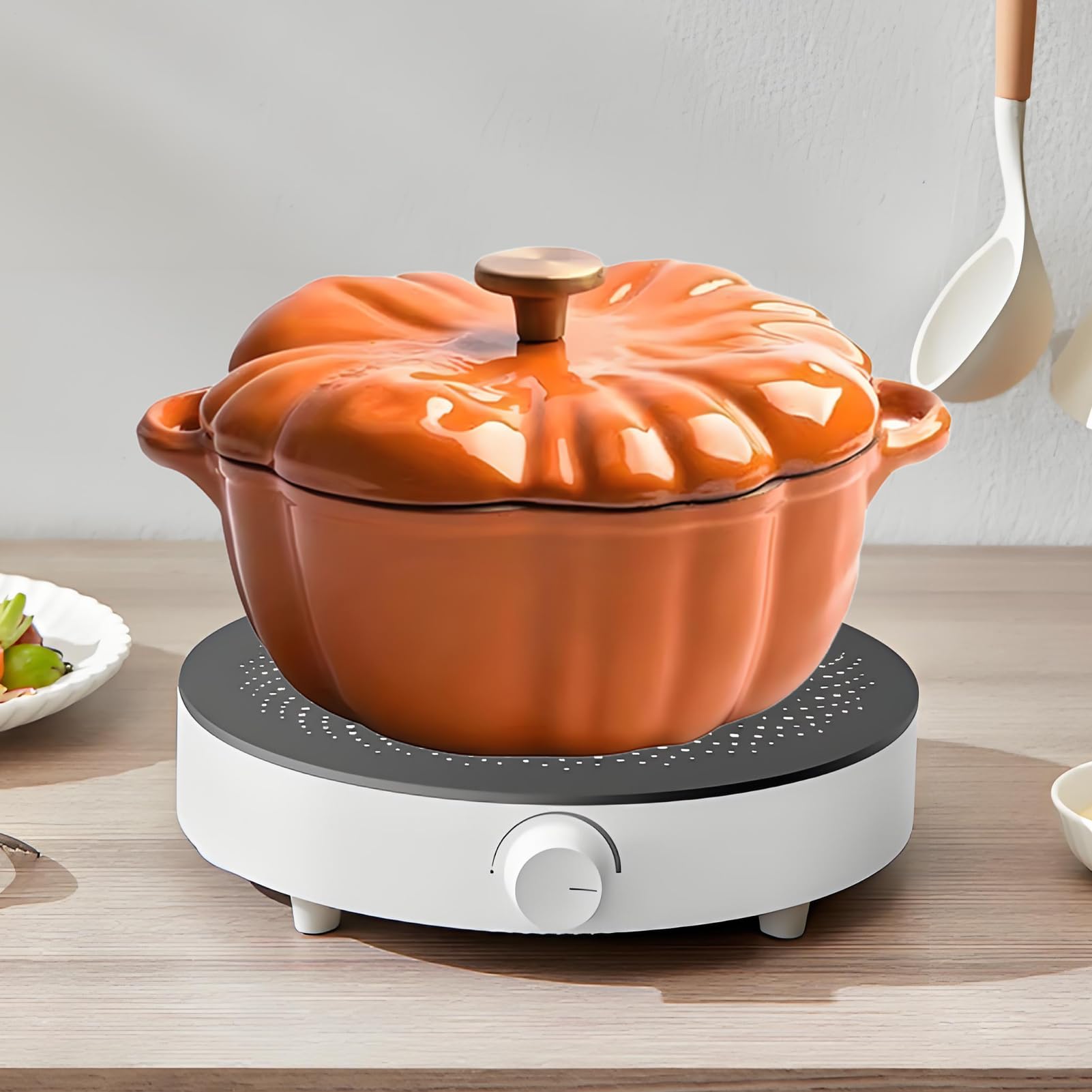 Marmite Cocotte en fonte émaillée en forme de citrouille avec couvercle et intérieur anti-adhésif – Passe au four pour ragoût, ébullition, cuisson, rôti, sauter, mettre en conserve et faire du pain