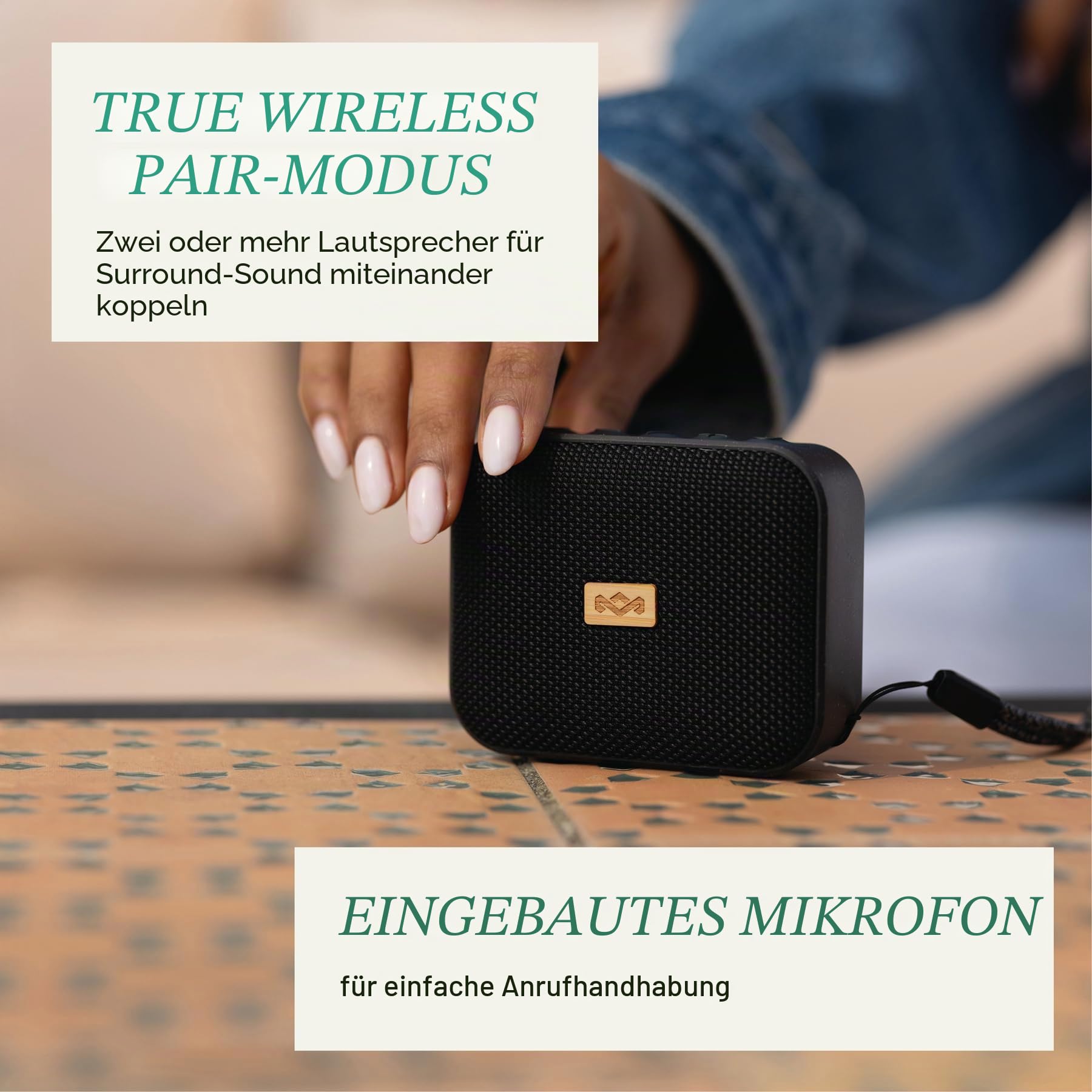 House of Marley Jammin Tragbarer Mini Bluetooth Lautsprecher - Schwarz | Kabelloser Lautsprecher, 14 Std. Spielzeit, IPX5 Spritzwasserschutz & Freisprechfunktion, kompakt, nachhaltig gefertigt