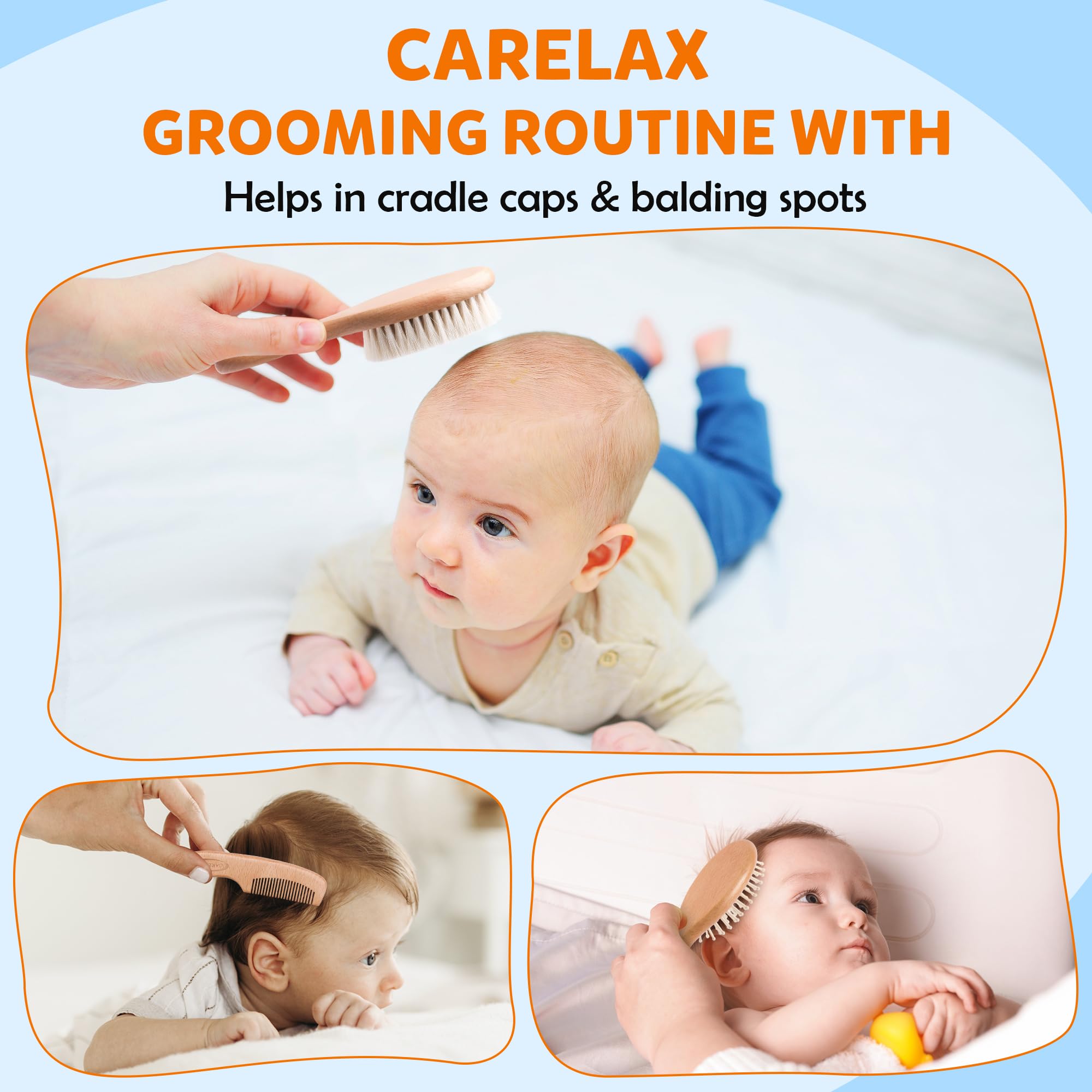 Baby Haarbürste & Kamm Set, Bio Holz Haarbürste Natürliche Ziegenborsten 3-teilig für Neugeborene & Kleinkinder, Ideal für Wiegenmütze & Juckreiz, Perfektes Dusch- und Registrierungsgeschenk für