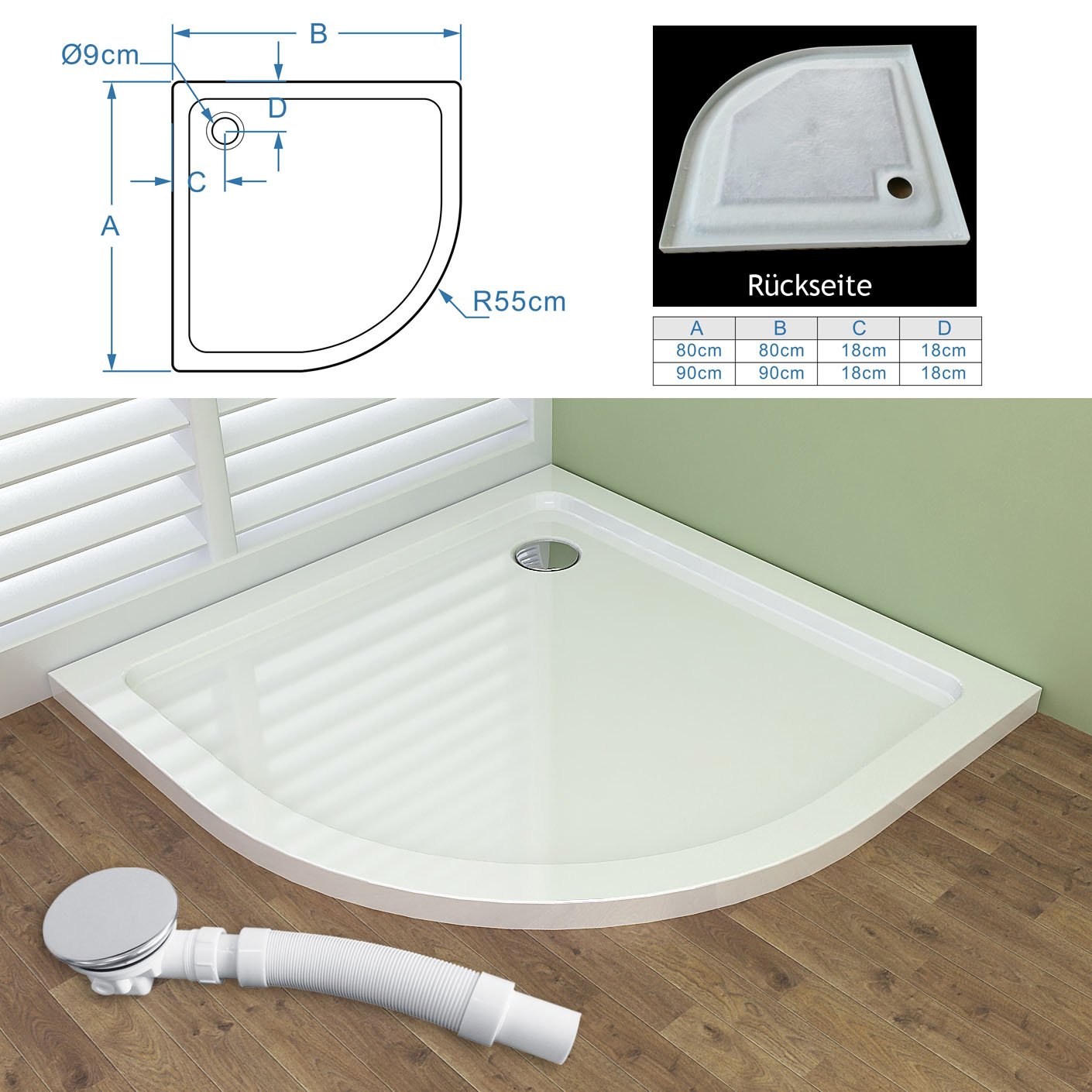 90 x 90 cm Duschkabine Runddusche Duschabtrennung Falttür NANO Echtglas Viertelkreis mit Duschwanne Duschtasse
