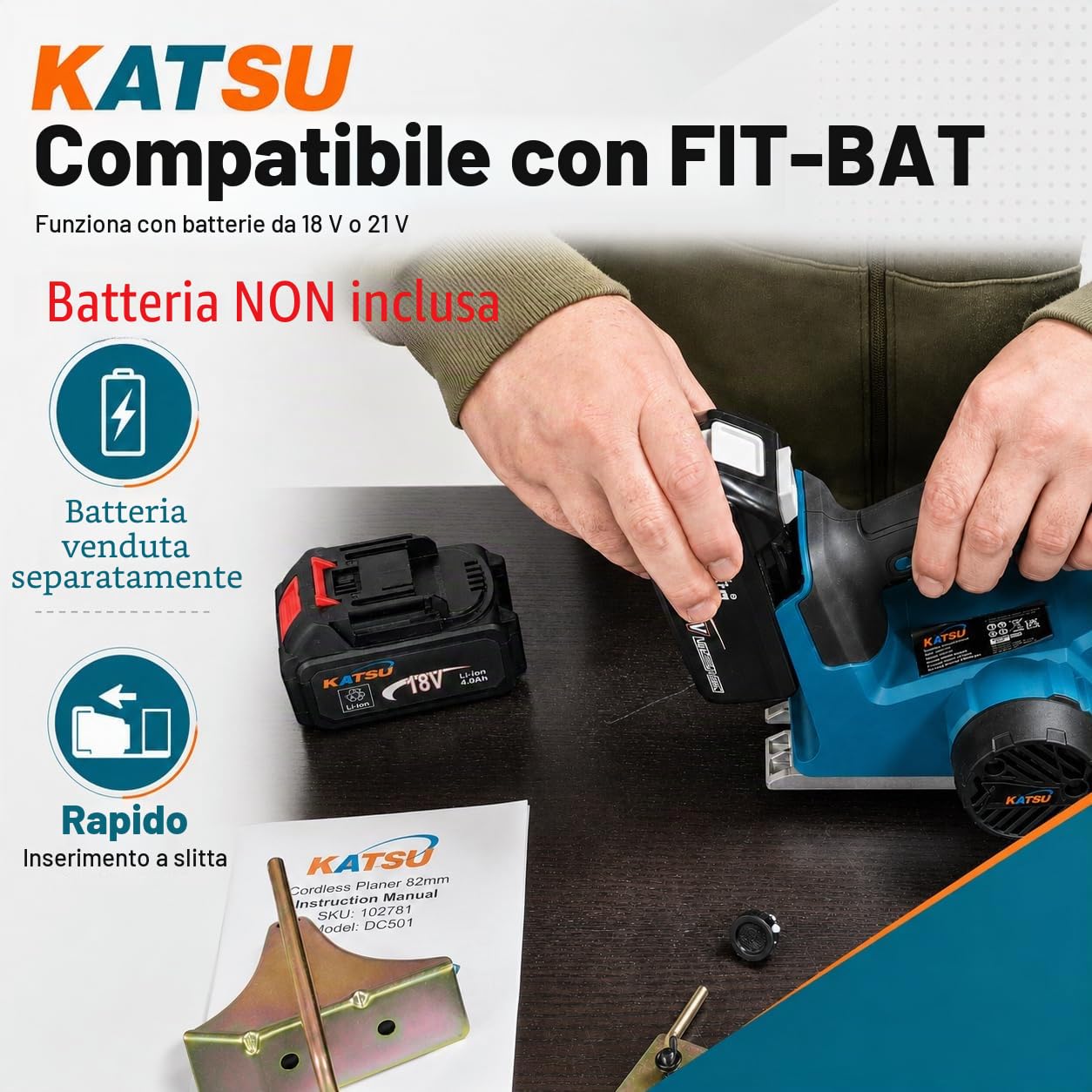 KATSU FIT-BAT 21V Pialla Elettrica a Batteria, 15000RPM Piallatrice, Larghezza di Piallatura da 82mm e Profondità da 2mm, Lame Extra Incluse, senza Batteria o Caricabatterie 102781