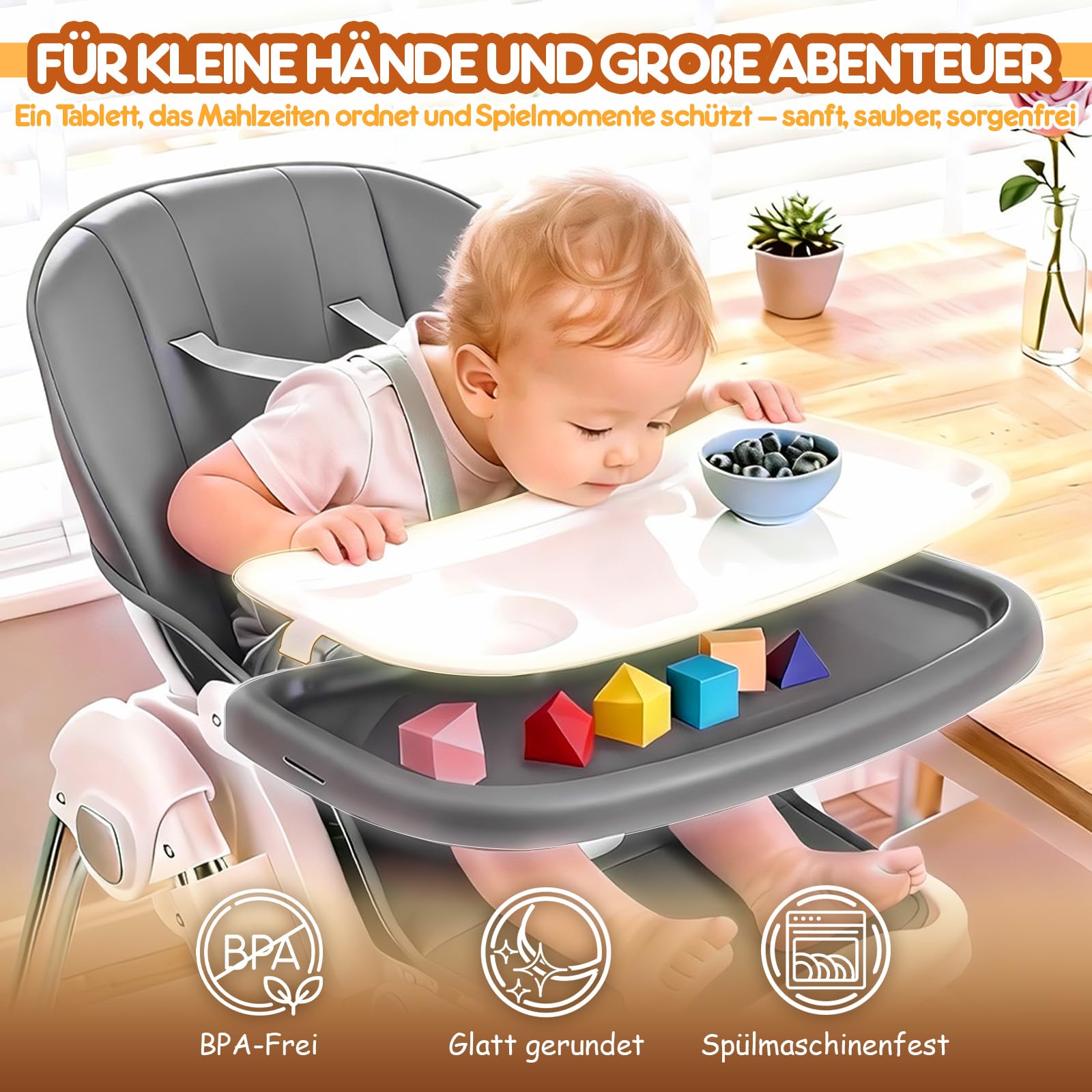 Soontrans Hochstuhl Baby, Sicher am Familientisch zum Essen Spielen Entdecken, Mitwachsend Ab Geburt bis Kleinkind, Liegeposition & Höhenverstellbar & Klappbar, aus Metallrahmen & Gepolstert(Anthrazit