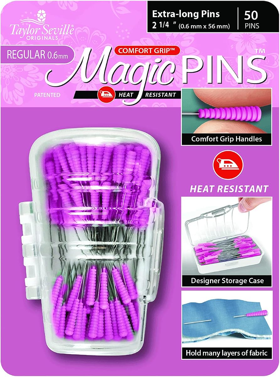 Taylor Seville Originals Comfort Grip Magic Pins Extra Long Regular -Quilting Supplies-Sewing Supplies-Sewing Notions-50 Count