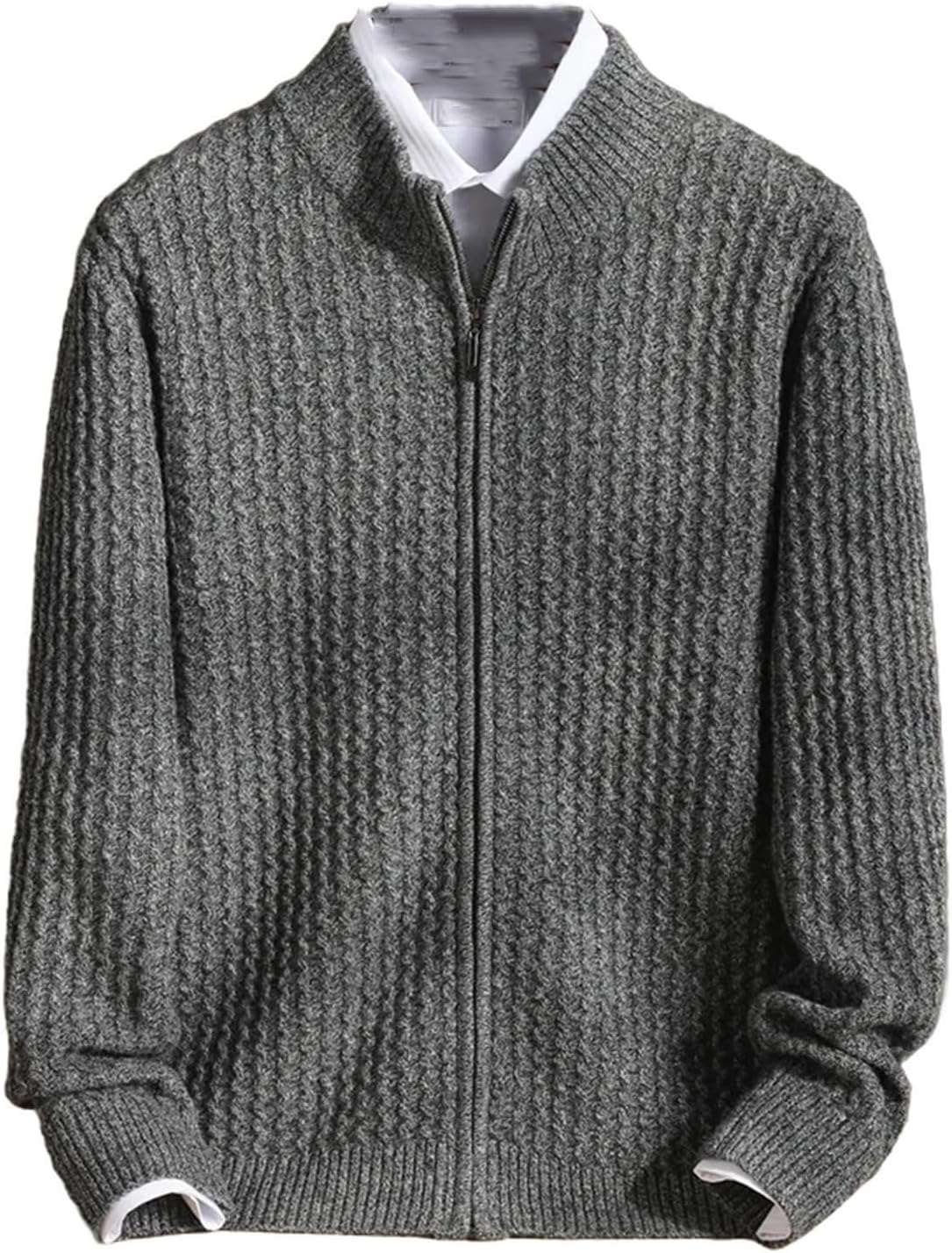 Men's Zipper Mock Collar Thickening Cardigan 100 Percent Merino Wool Flower Yarn Sweater Cashmere Knitwear