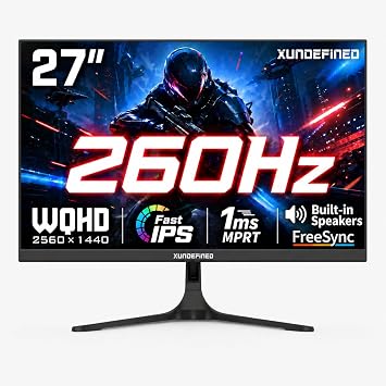XUNDEFINED 27 inch 1440P Gaming Monitor, 260Hz Fast IPS 2K Computer Monitor with Speaker, HDR, Free-Sync&G-SYNC, 125% sRGB, HDMI x2, DisplayPort x2, Compatible with Switch/Xbox/PS5, VESA Mountable