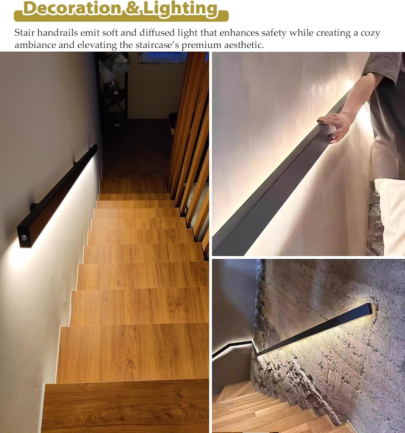 3 4 5 6 8 10 12 16 ft Hand Rails for Indoor Stairs, Wall Mount Motion Sensor Lights Stair Handrail, Safety Lighting Hand Railing for Staircase(Right,8ft/244cm)