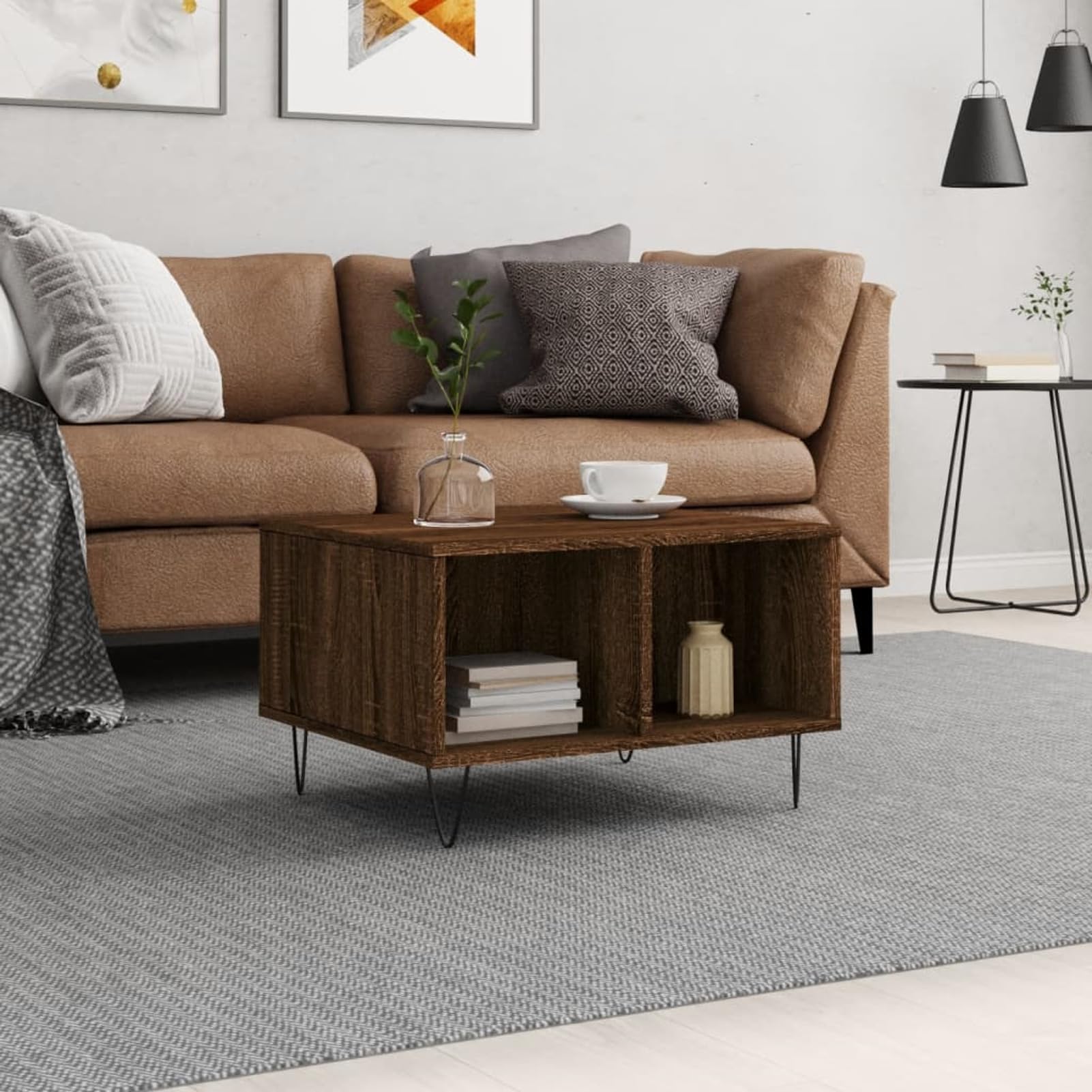 Homgoday Tavolino da caffè in rovere marrone, 60 x 50 x 36,5 cm, in legno ingegnerizzato, tavolino da tè per soggiorno, sala d'accoglienza degli ospiti, camera da letto e ufficio, tipo 1