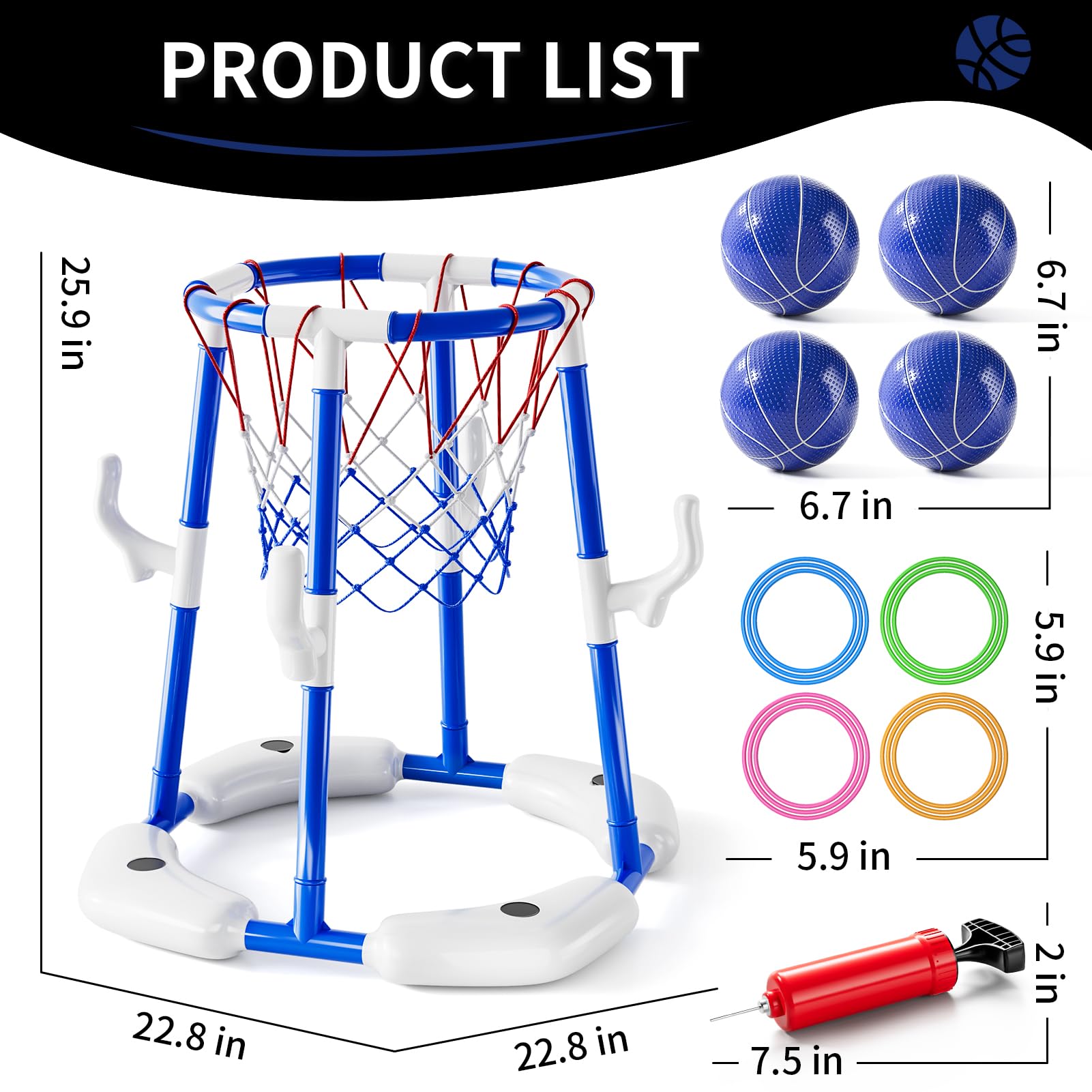 2-in-1 Pool-Basketball-Set mit 4 Bällen, 12 Ringen und Pumpe, Sommer Wasser im Freien, für Pool-Party, Spielzeugspiele für Kinder von 4 bis 8 bis 8 Jahren