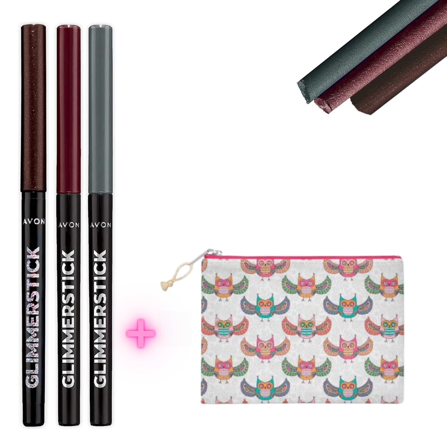 4 PCS Set Avon Glimmerstick Black Bioux Eye Liner Avon Glimmerstick Majestic Plum Eye Liner Avon Glimmerstick Saturn Grey Eye Liner Makeup Bag