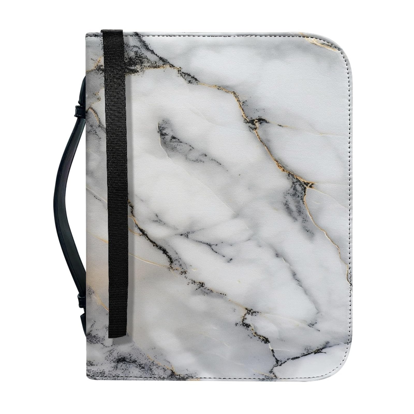 ENEN Bible Cover Tote Bag, 3D Marble Print Bible Bag Bible Cover Case Waterproof PU Leather Large Bible Case/Bible Book Cover with Handle, Zip & Pen Storage (Black White,30.5x22.9cm)