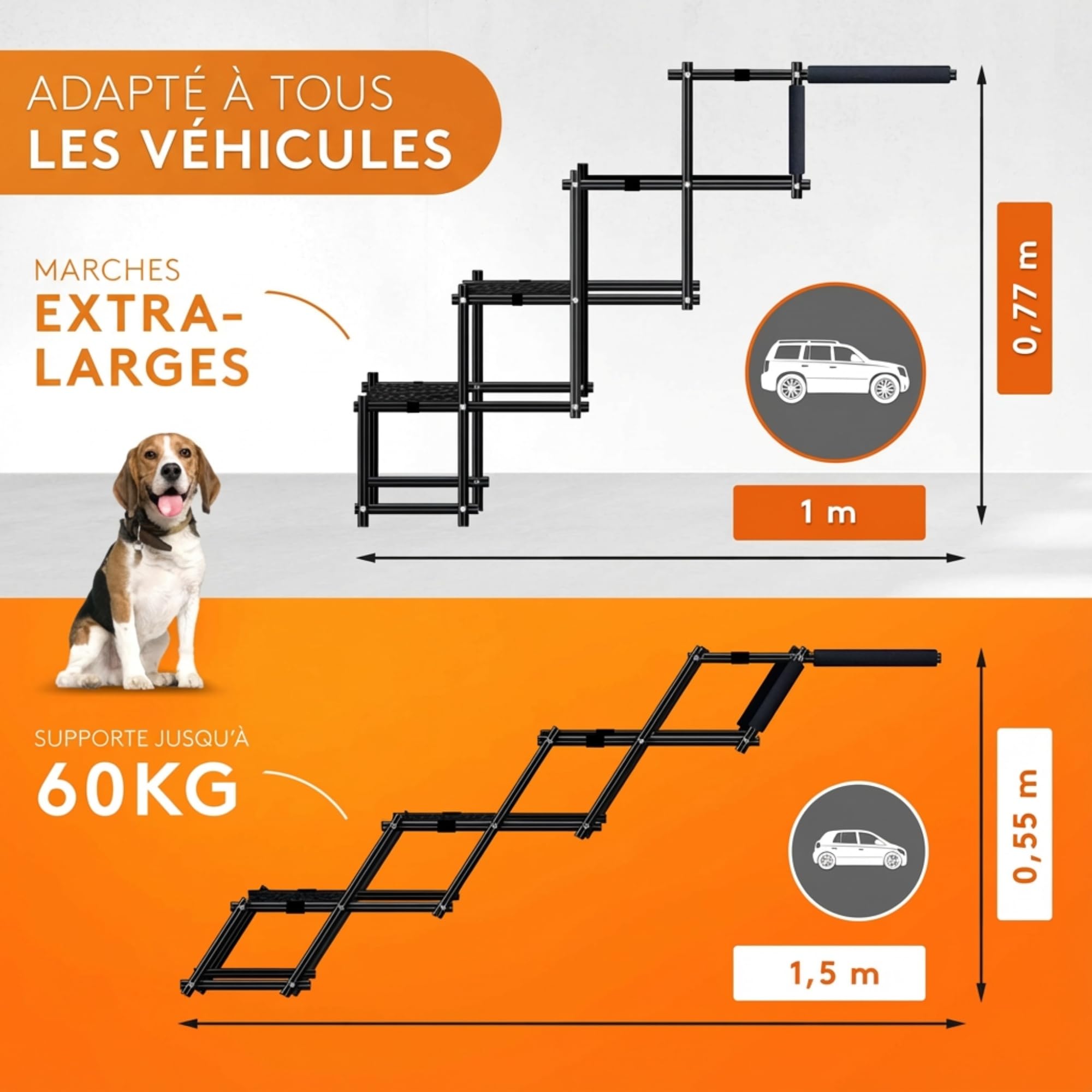 Escalier pour chien jusqu'à 60 kg – Rampe pliable pour chien – Rampe de voiture pour petits et grands chiens – Aide à l'entrée de la voiture – Rampe pour chien adaptée à toutes les voitures –